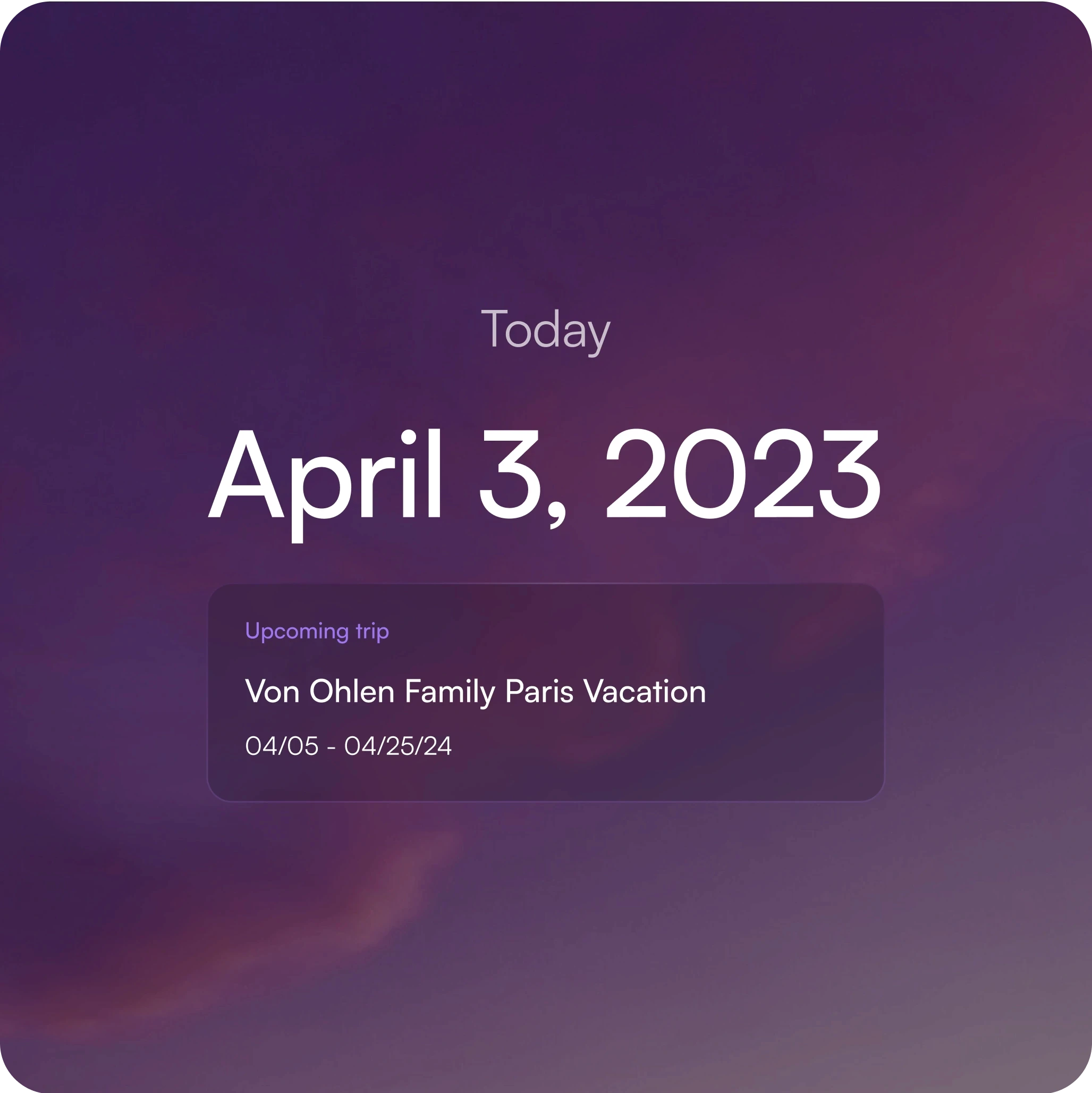 Graphic display showing the date 'April 3, 2023' in large, white font centered on a vibrant background with a gradient of purple and pink hues simulating a twilight sky. Above the date, the word 'Today' is displayed in a smaller font, indicating the current date. The color gradient creates a calming and visually appealing background.