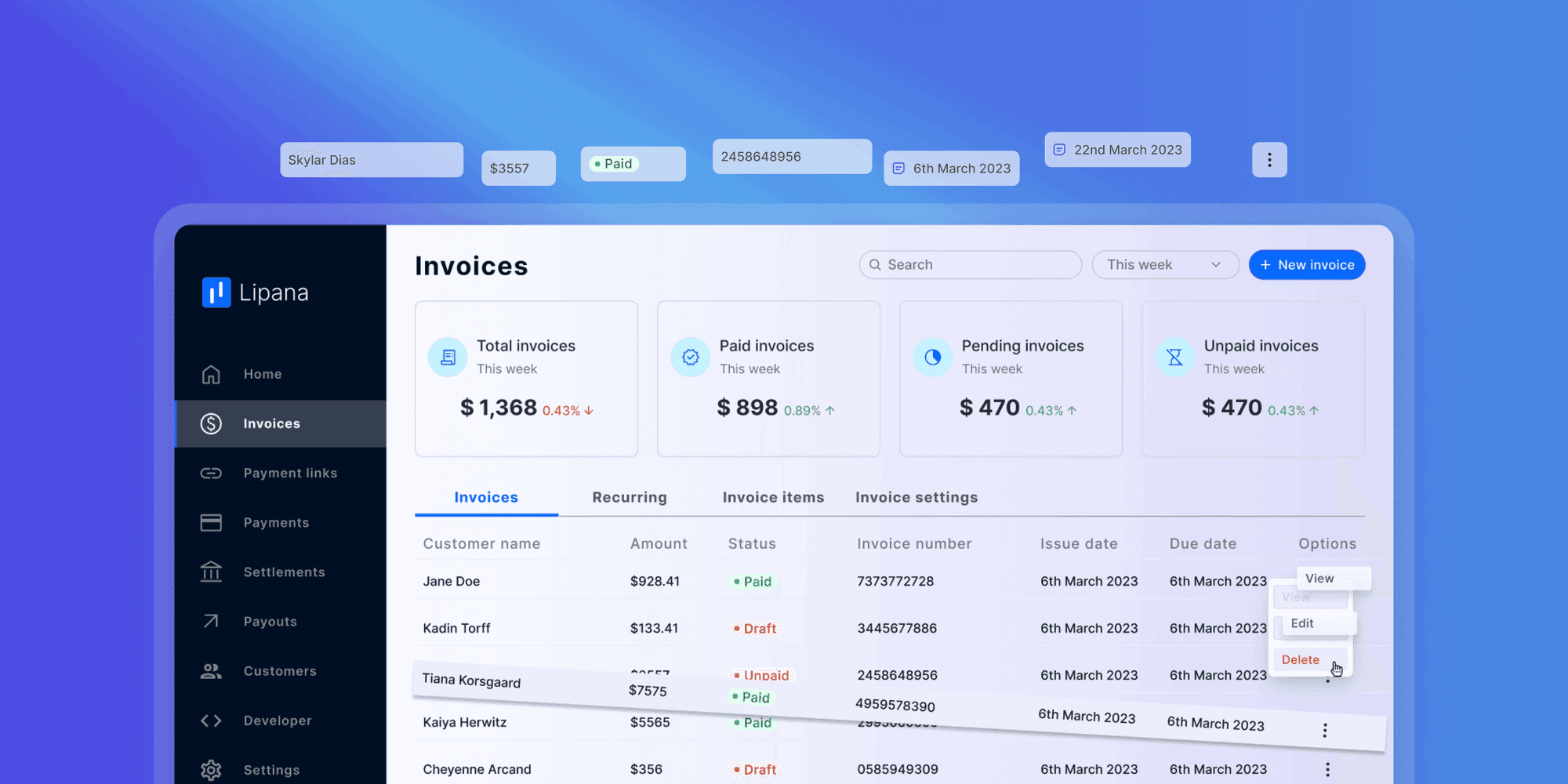 A user interface showing data tables with invoice data and navigation options in a blue-themed design.