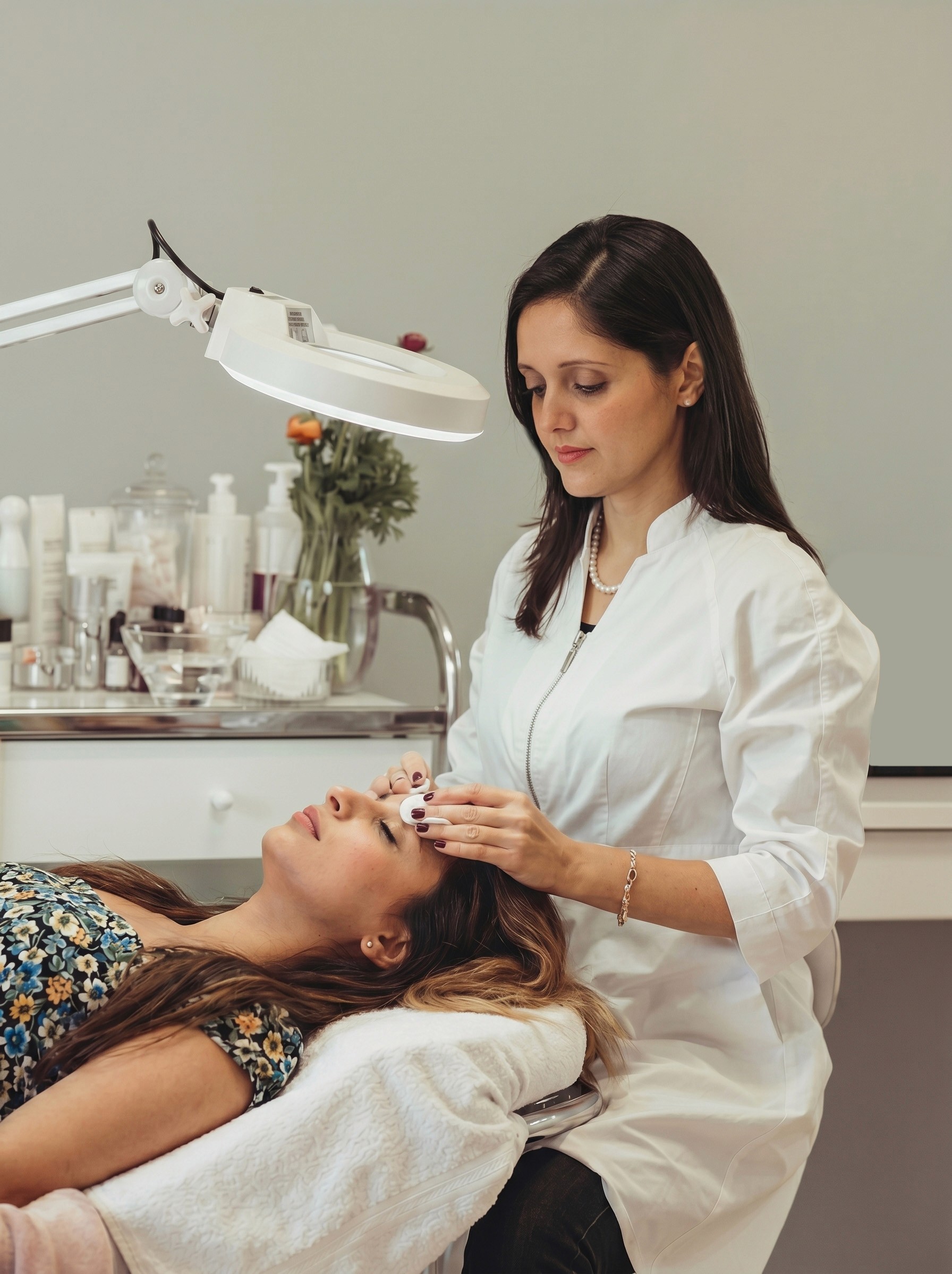 Sherali, leans over a reclining female patient, is conducting a rejuvenation facial treatment. The photo, representing Tatvaved by Sherali Mehta, depicts a premium clinical environment for advanced skin care