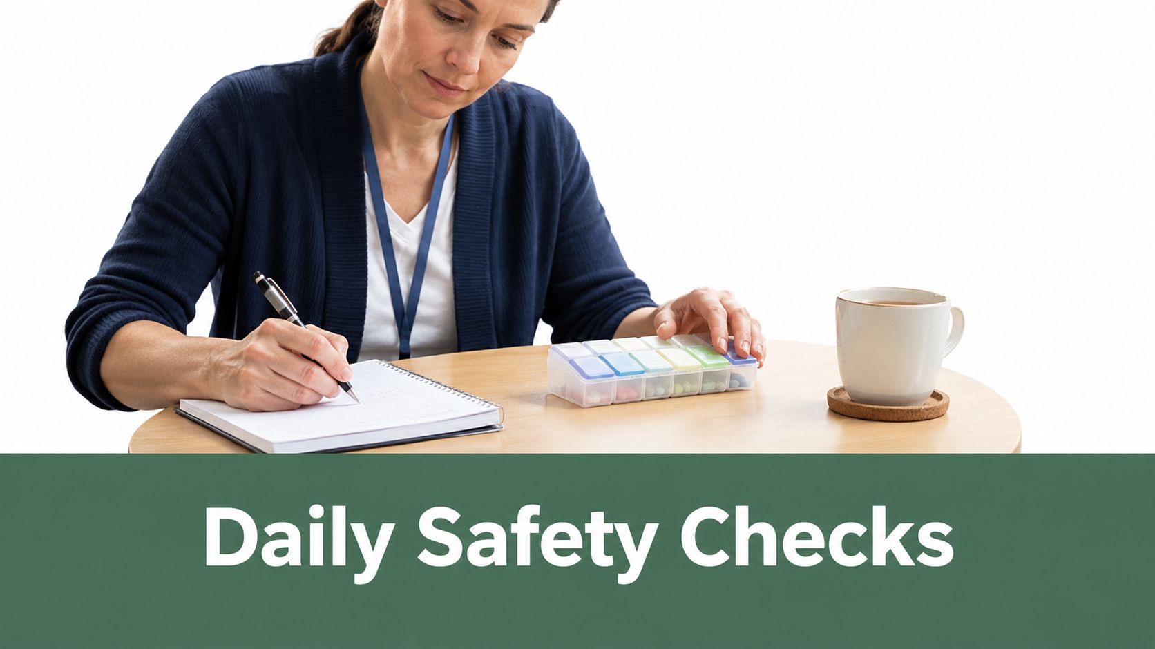 A caregiver documenting daily safety checks while reviewing a pill organizer at a wooden table.