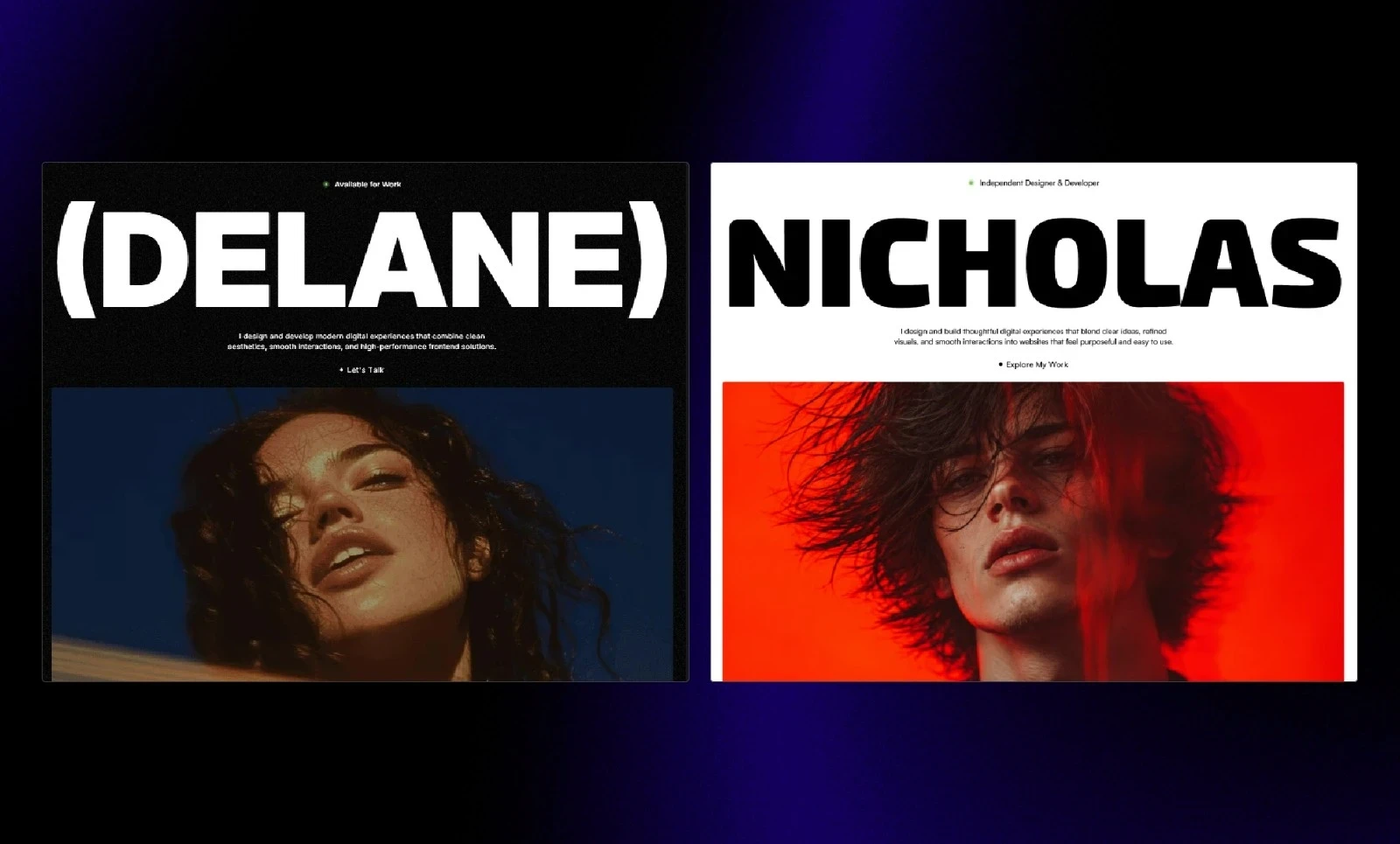 DELANE and Nicholas portfolio homepage variations showing different typography, colors, and hero imagery