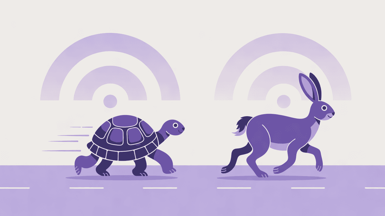 A tortoise and a hare on a road, each under a signal arc, representing full speed and throttled speed
