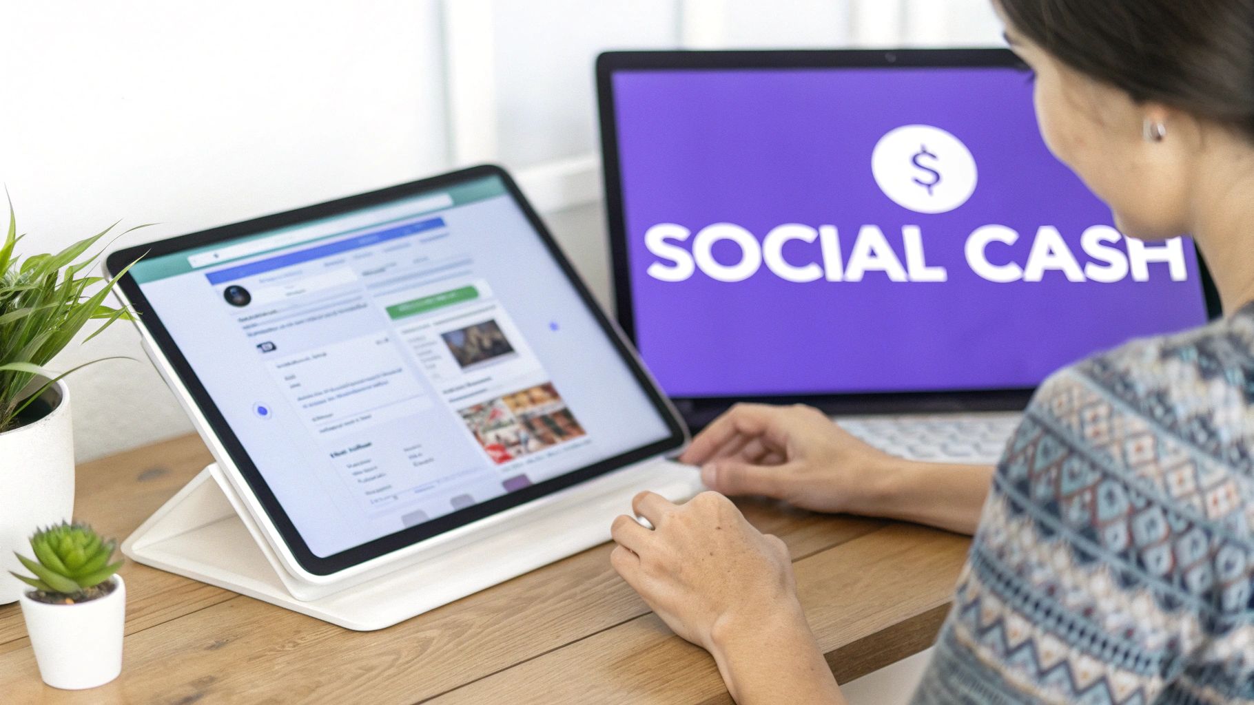 A person works on a tablet displaying a social media feed, with a laptop showing 'Social Cash'.