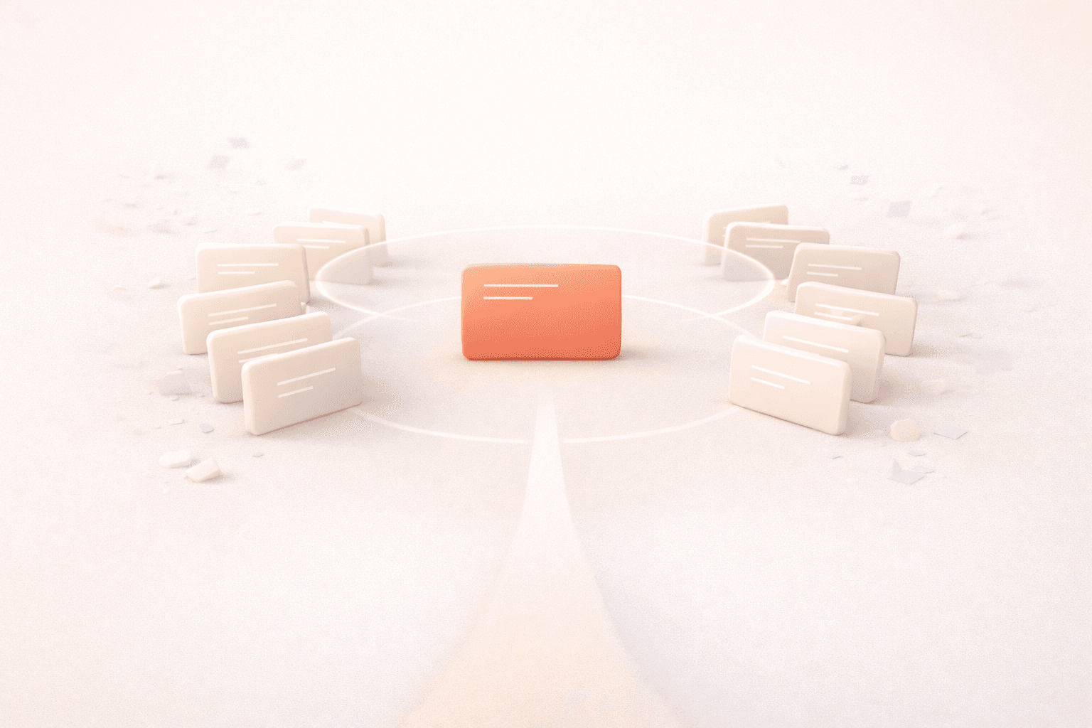 Minimalistische 3D-Illustration einer zentralen korallfarbenen Fokuskarte auf einem klaren Weg, umgeben von mehreren hellen Anfrage-Elementen, die von allen Seiten leicht nach innen drücken. Eine transparente Kreisgrenze hält den Fokus stabil, während kleine Fragmente im Hintergrund verblassen und ein klarer Pfad nach vorne sichtbar wird.