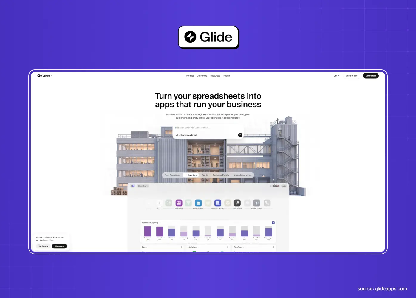 Glide homepage showcasing spreadsheet-to-app conversion, with a business-building headline, building prompt, and application preview. 
