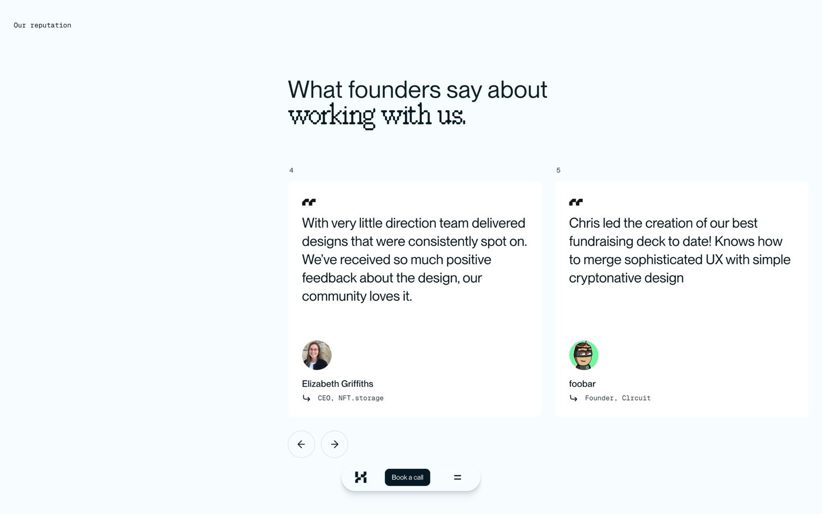 The image displays a clean, minimalist webpage with quotes from professionals, praising design work and UX expertise, featuring a light background and concise text for easy readability.