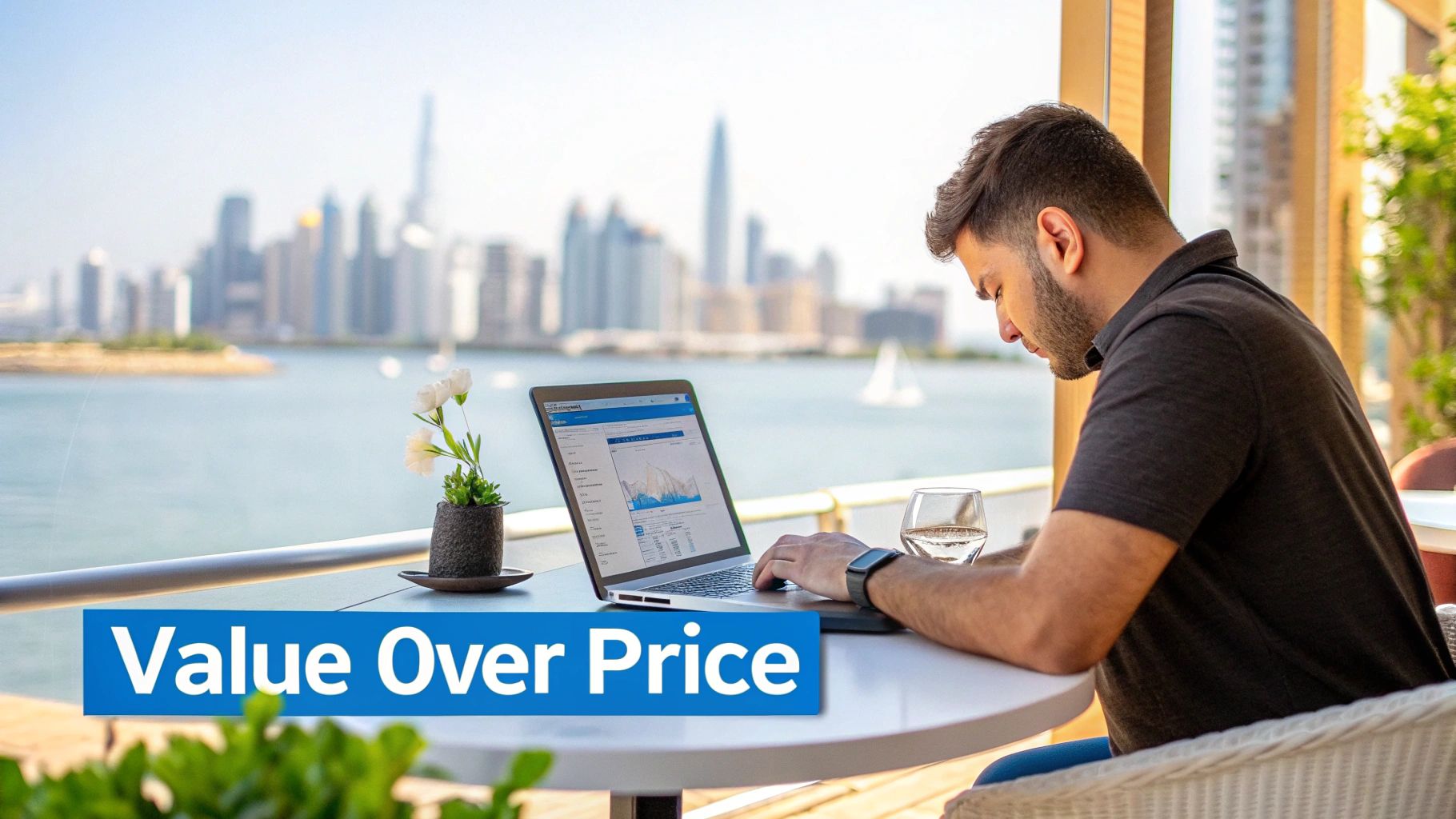 Man working on laptop with charts on a luxurious balcony overlooking a modern city skyline and water.