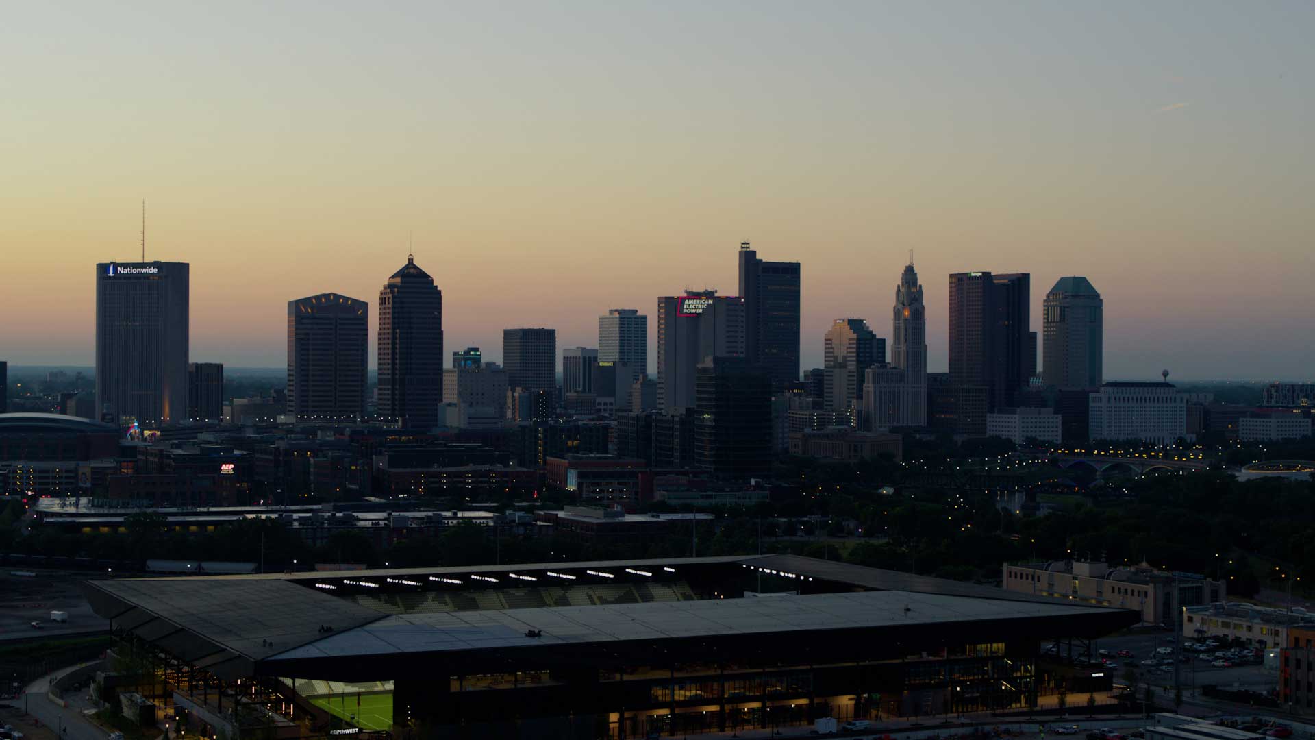 Cinematic drone of columbus skyline downtown filmed by Doozy Crew