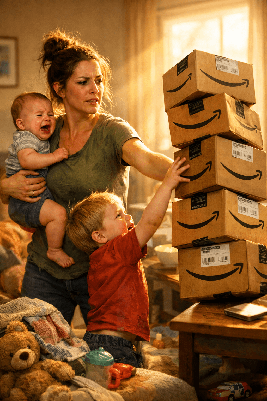 A person in a casual outfit is vacuuming a carpet in a bright, modern living room.