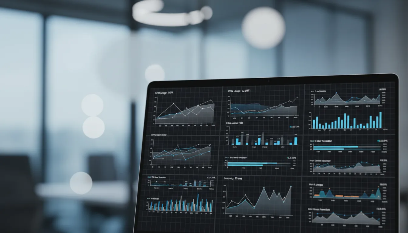 DSLR close-up photograph of a laptop screen displaying a complex data analytics dashboard. The interface is in modern dark mode, featuring white line graphs and performance metrics on a black grid. The screen is in sharp focus, shot from a slight angle. The background is a heavily blurred modern office interior with a frosted glass partition, creating a strong bokeh effect under cool, natural daylight.