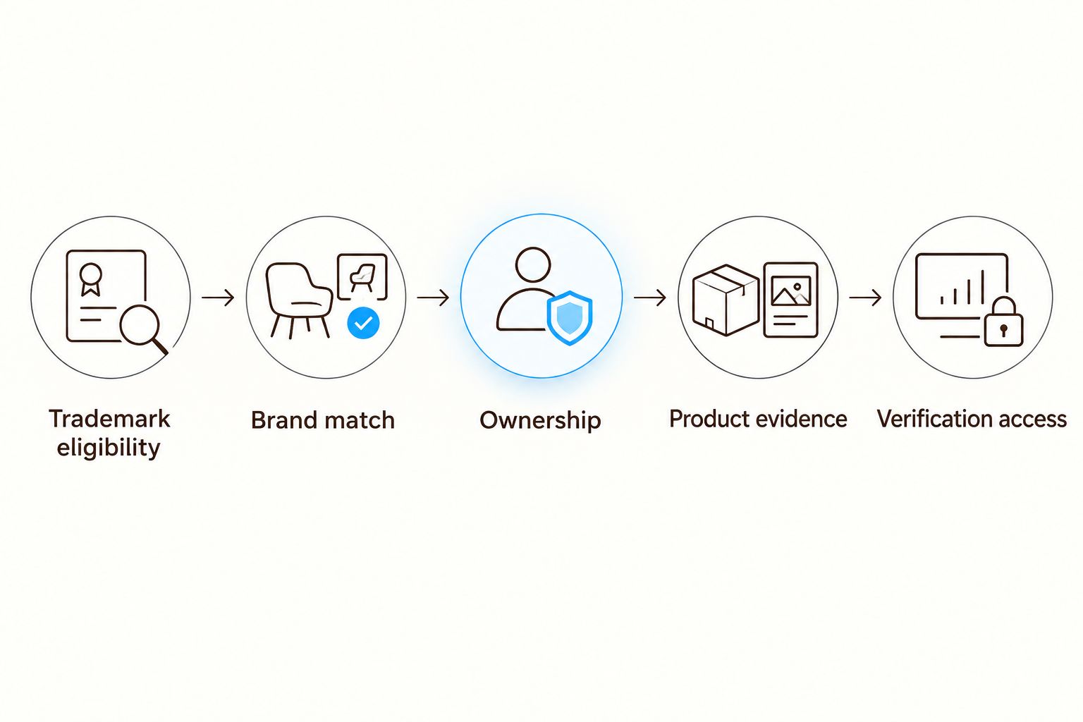 Five enrollment checks covering trademark eligibility, brand matching, ownership, evidence, and verification