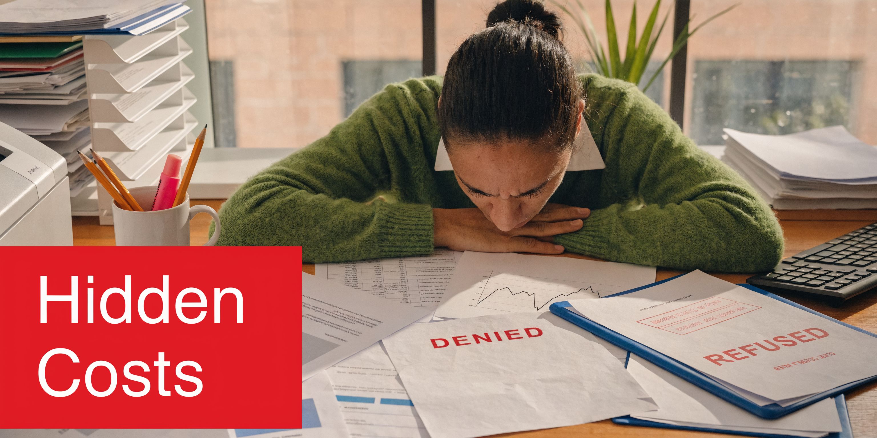 A stressed woman rests her head on her desk surrounded by papers stamped with Denied and Refused labels.