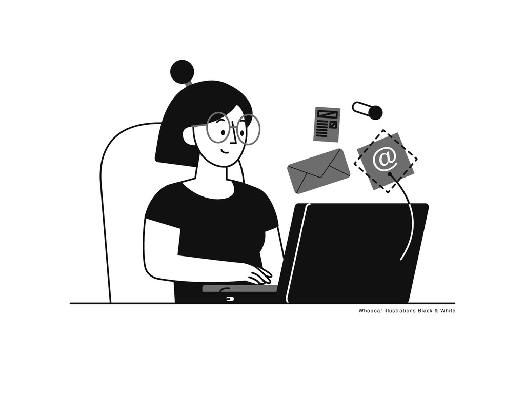 Black and white illustration of a young woman working on a laptop, depicting digital productivity.