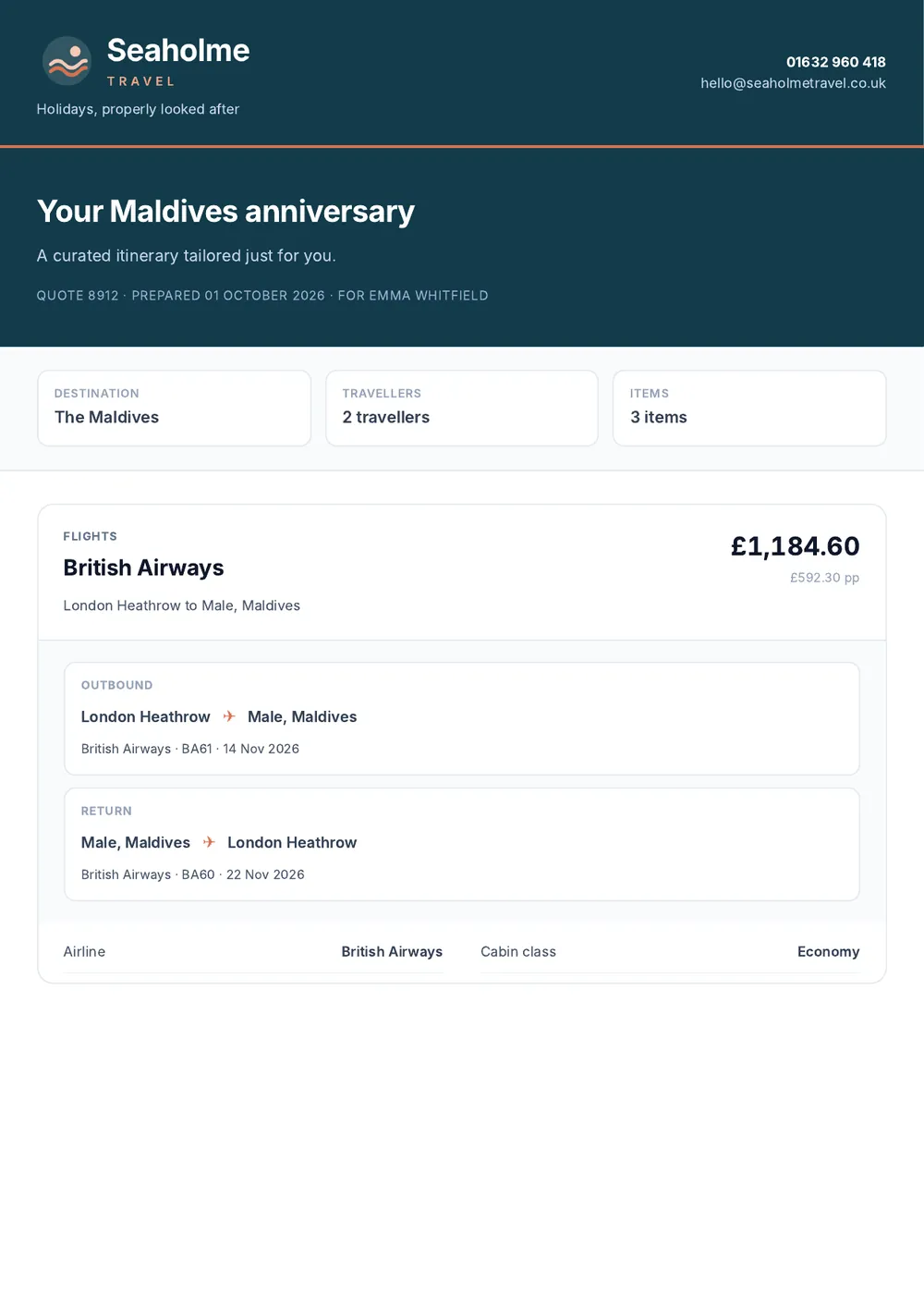 First page of a branded quote PDF for a Maldives anniversary trip