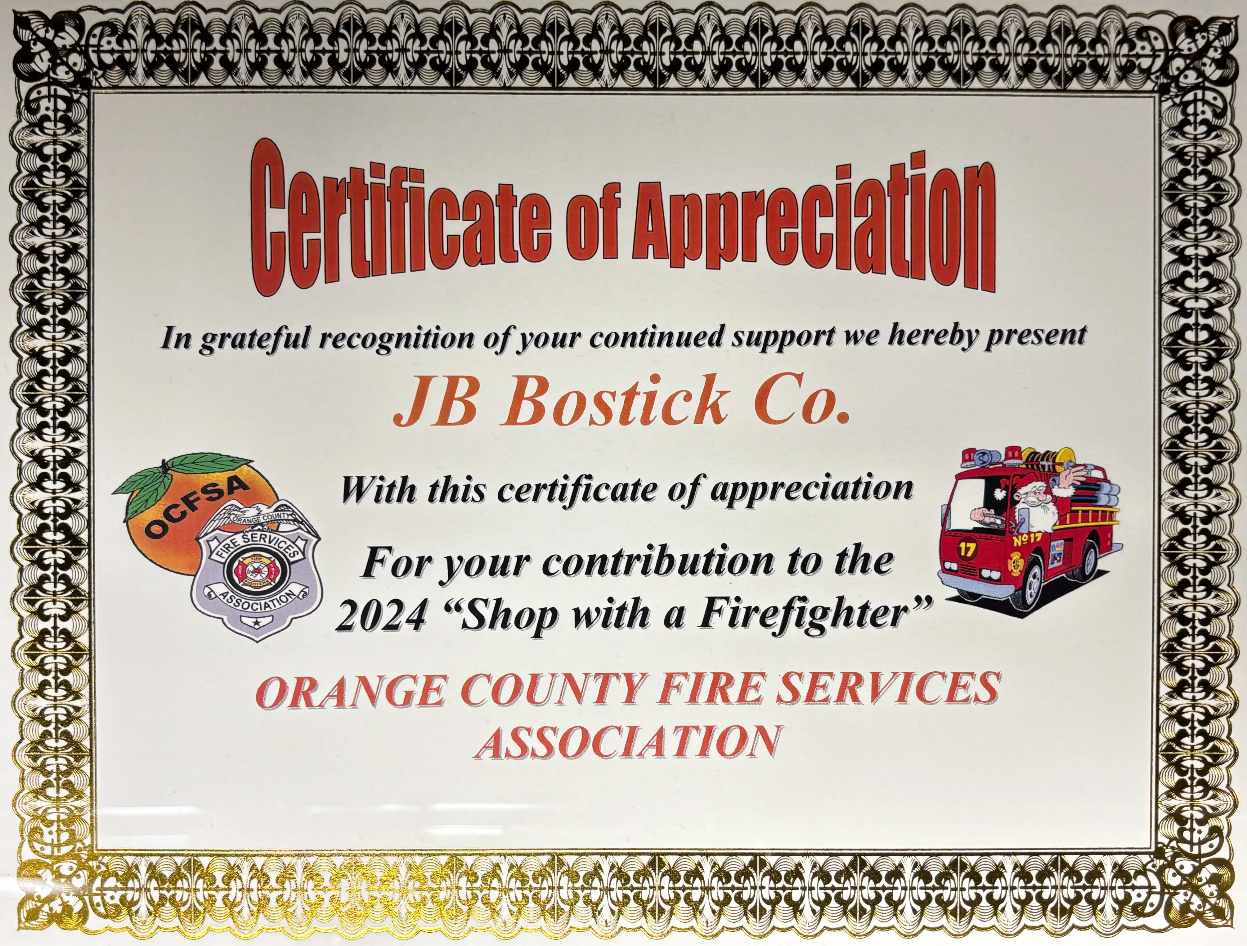 Certificate of Appreciation from the Orange County Fire Services Association