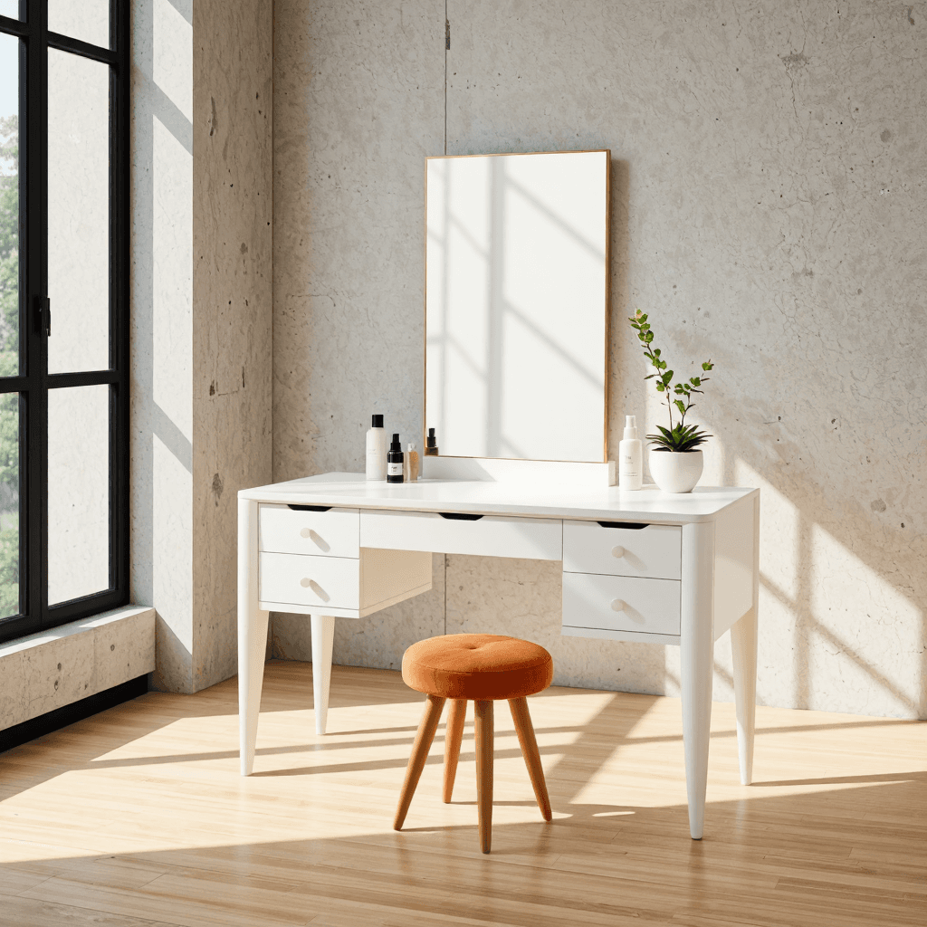 product photography of a modern vanity table with a mirror and storage drawers