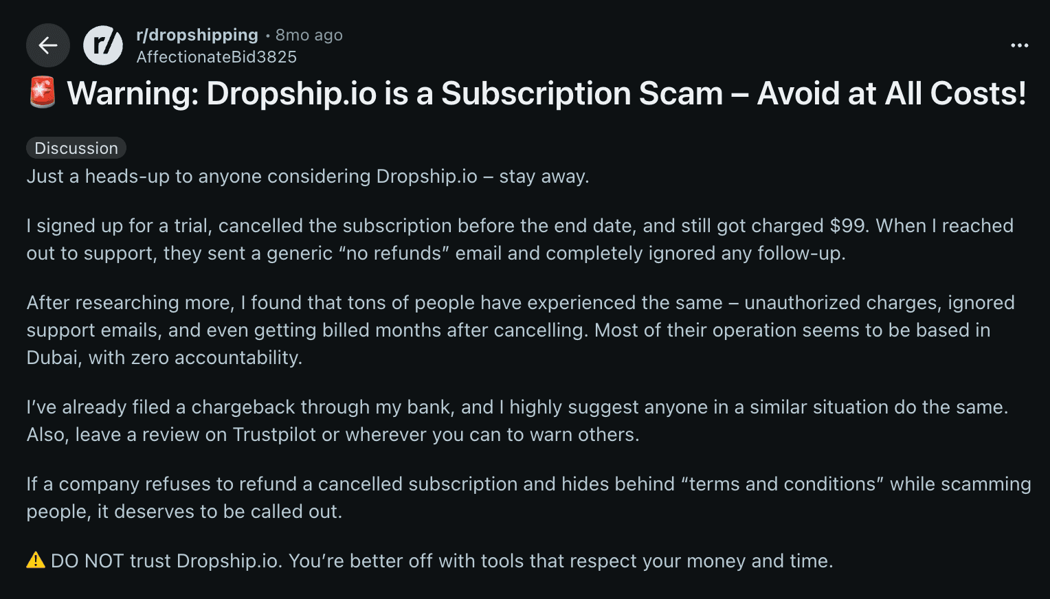 Reddit post from r/dropshipping labeling Dropship.io a subscription scam due to billing issues