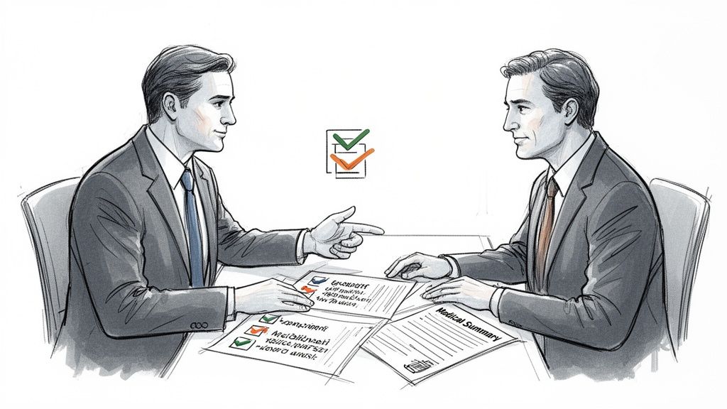 Two men in suits discussing documents, pointing at a checklist and medical summary at a table.