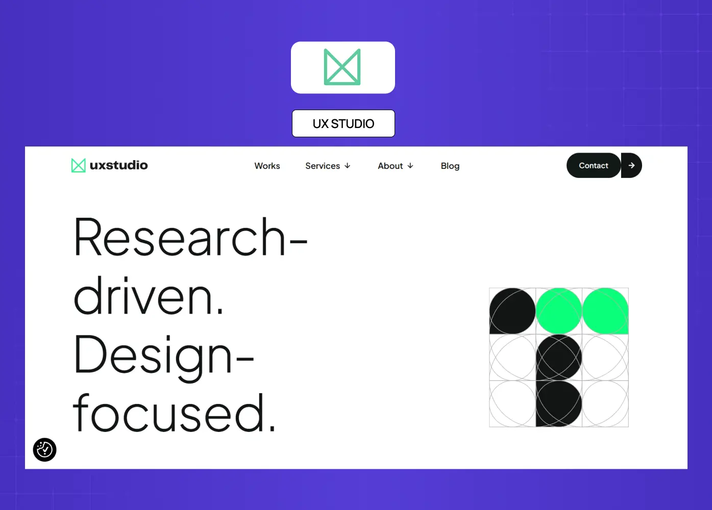 UX Studio homepage with a clean research-driven design approach, large typography, geometric visuals, and minimal monochrome styling.