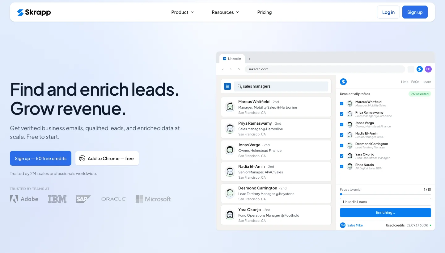 Skrapp homepage: B2B email finder for LinkedIn and company domains