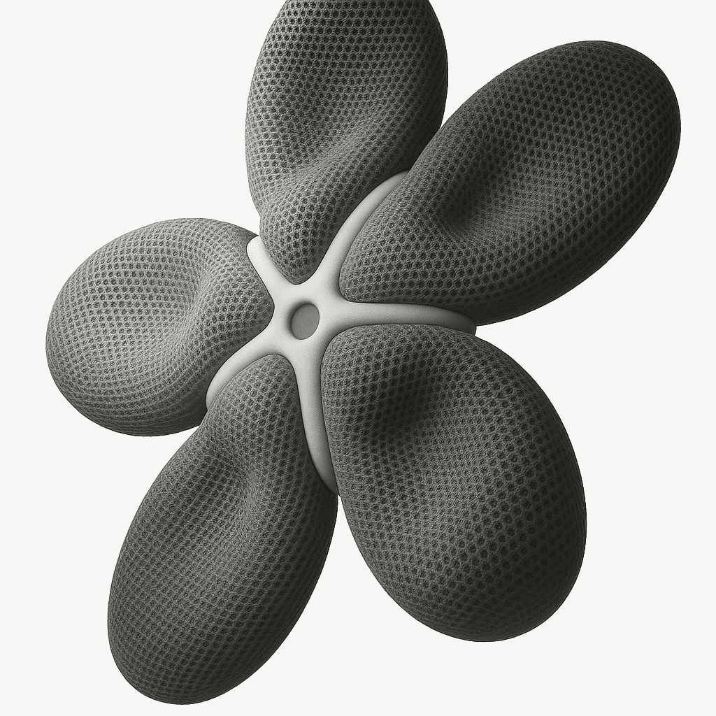 3D-rendered futuristic flower-like object with textured dark petals and a soft white core on a white background