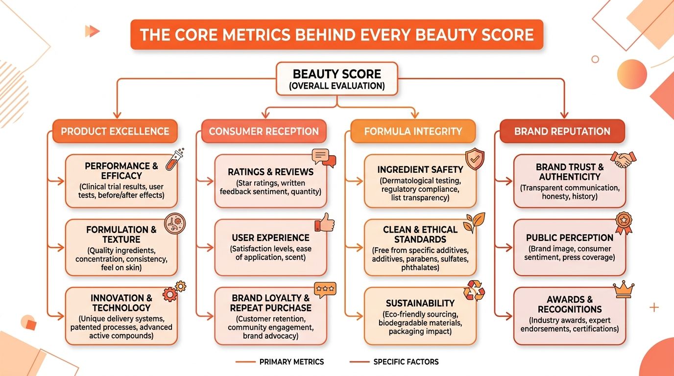 An infographic detailing the core metrics used to calculate an overall beauty score for cosmetic products.