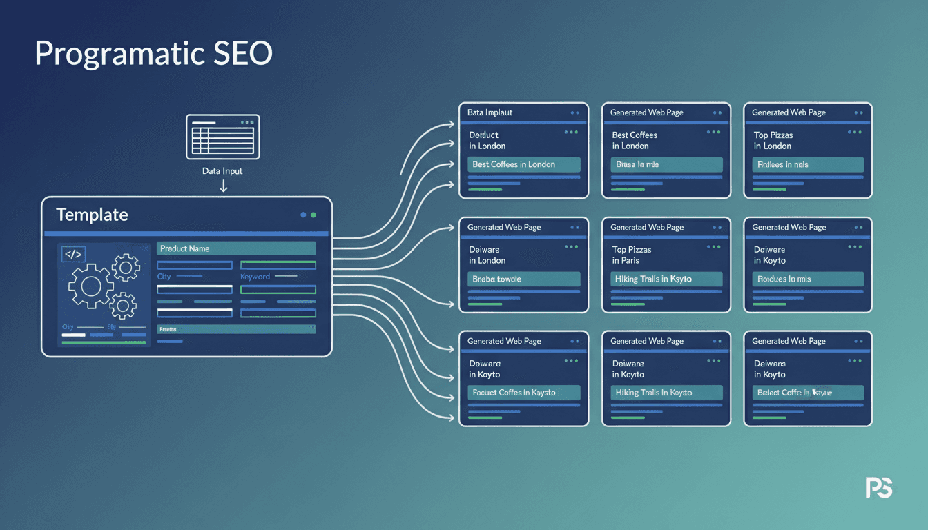 A clean, modern illustration showing programmatic SEO concept with a single template on the left side connecting to multiple generated web pages on the right side. Show data flowing from a spreadsheet or database into the template, which then creates many similar but unique pages. Use a professional tech aesthetic with blues, greens, and whites. Include visual elements like a template icon, data rows, and multiple page thumbnails arranged in a grid. Keep it simple and focused on the template-to-scale concept.