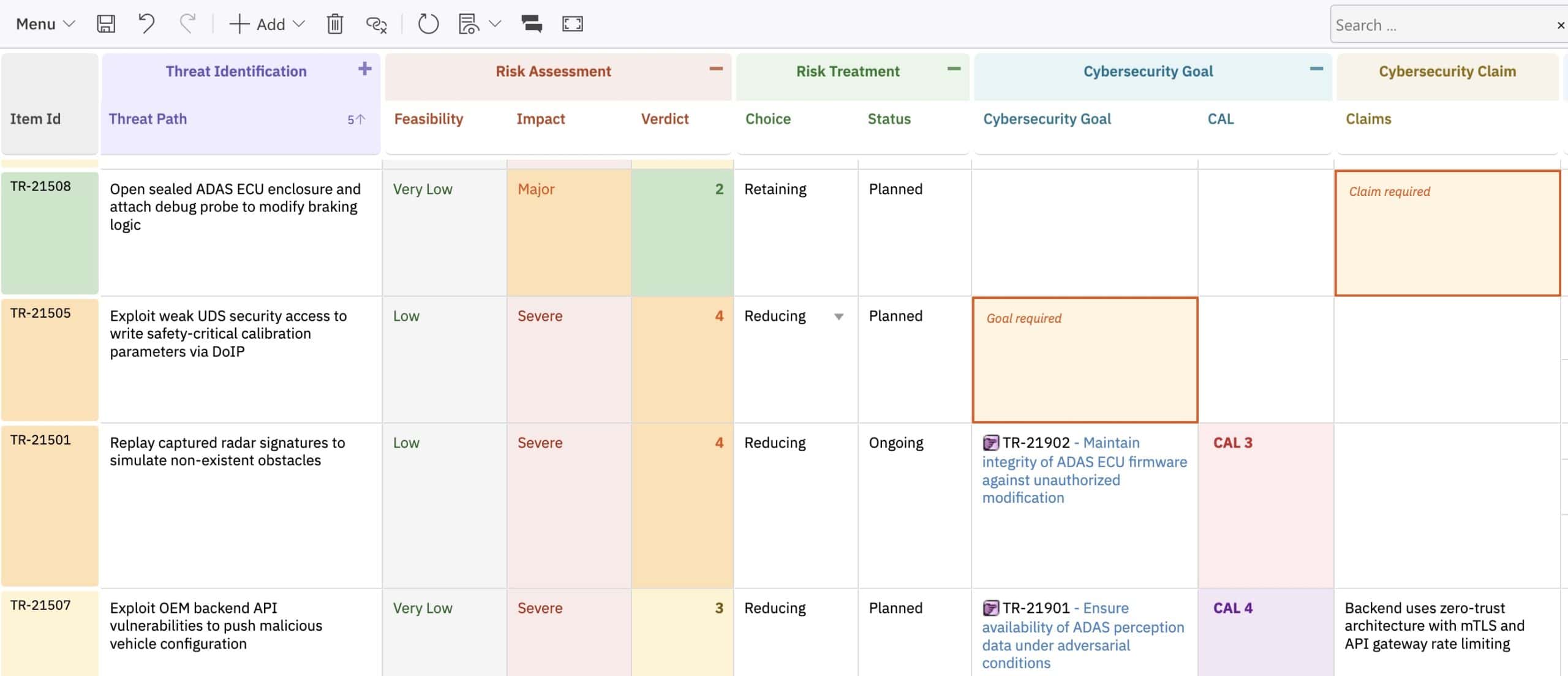 TARA feasibility scoring screenshot