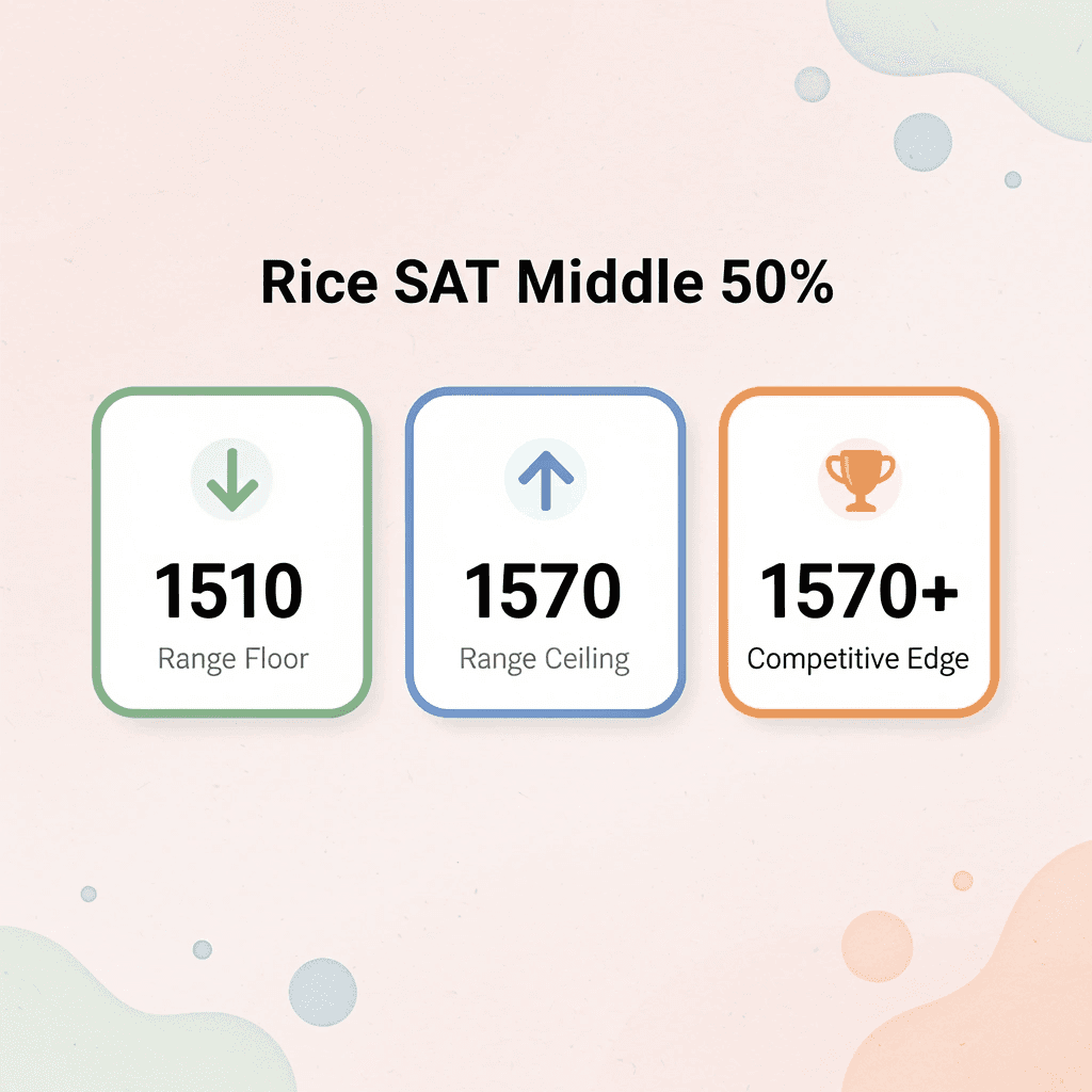 Stats infographic showing Rice University SAT middle 50% range of 1510 to 1570