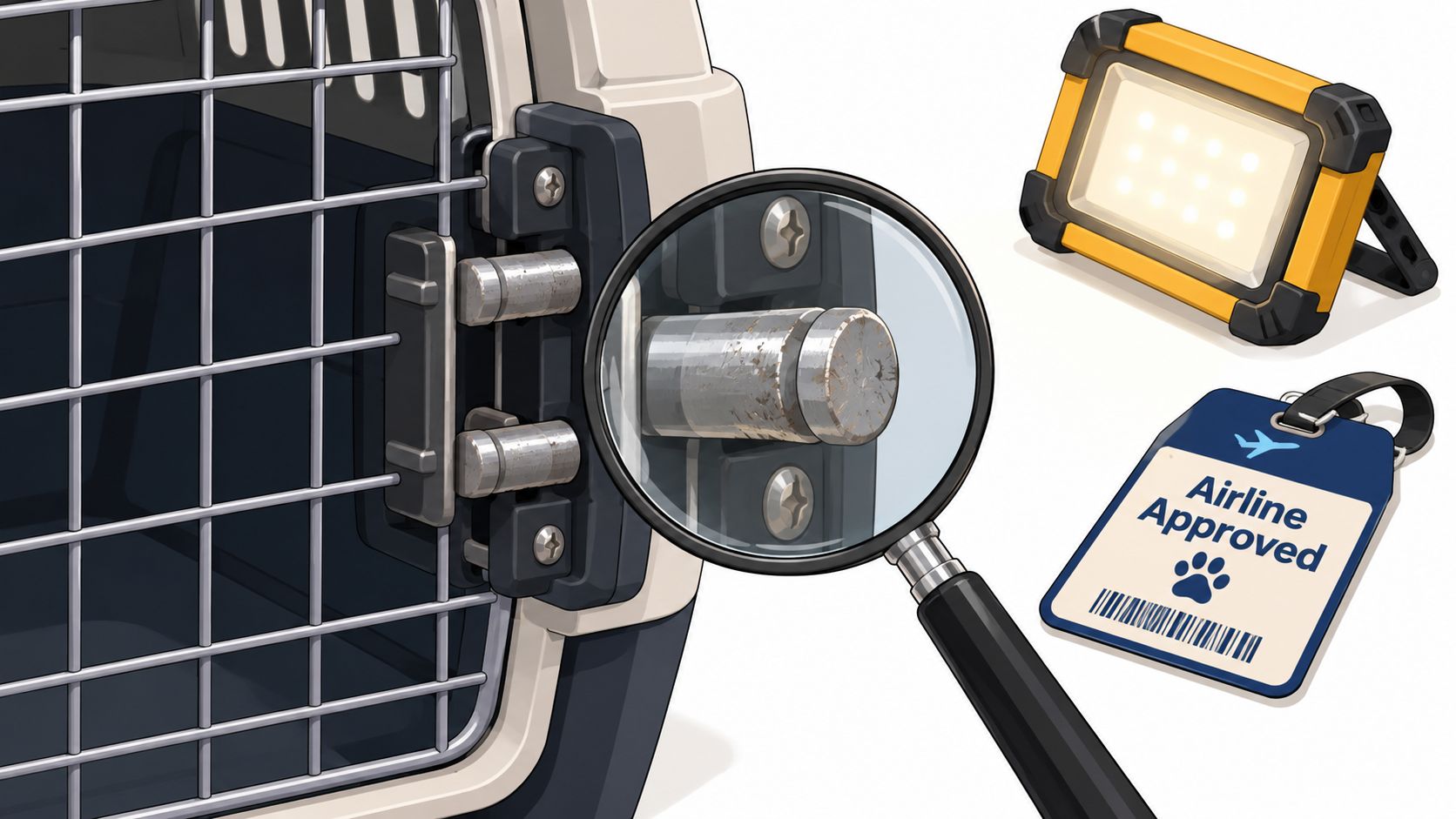 A close-up view of a metal pet crate latch magnified by a magnifying glass with an airline approved tag.
