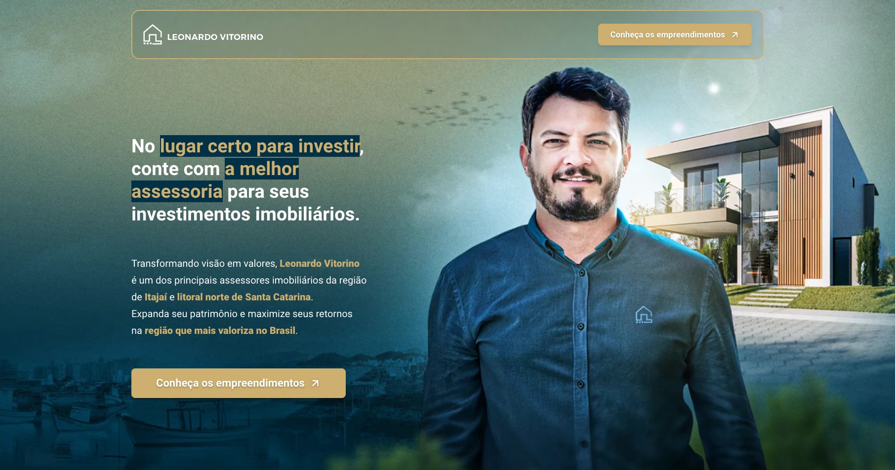 Portfólio Exemplo de landing page e site otimizada para conversão, criada pelo Web Designer Felipe Macedo para o corretor de Imóveis Leonardo Vitorino em Itajaí Santa Catarina