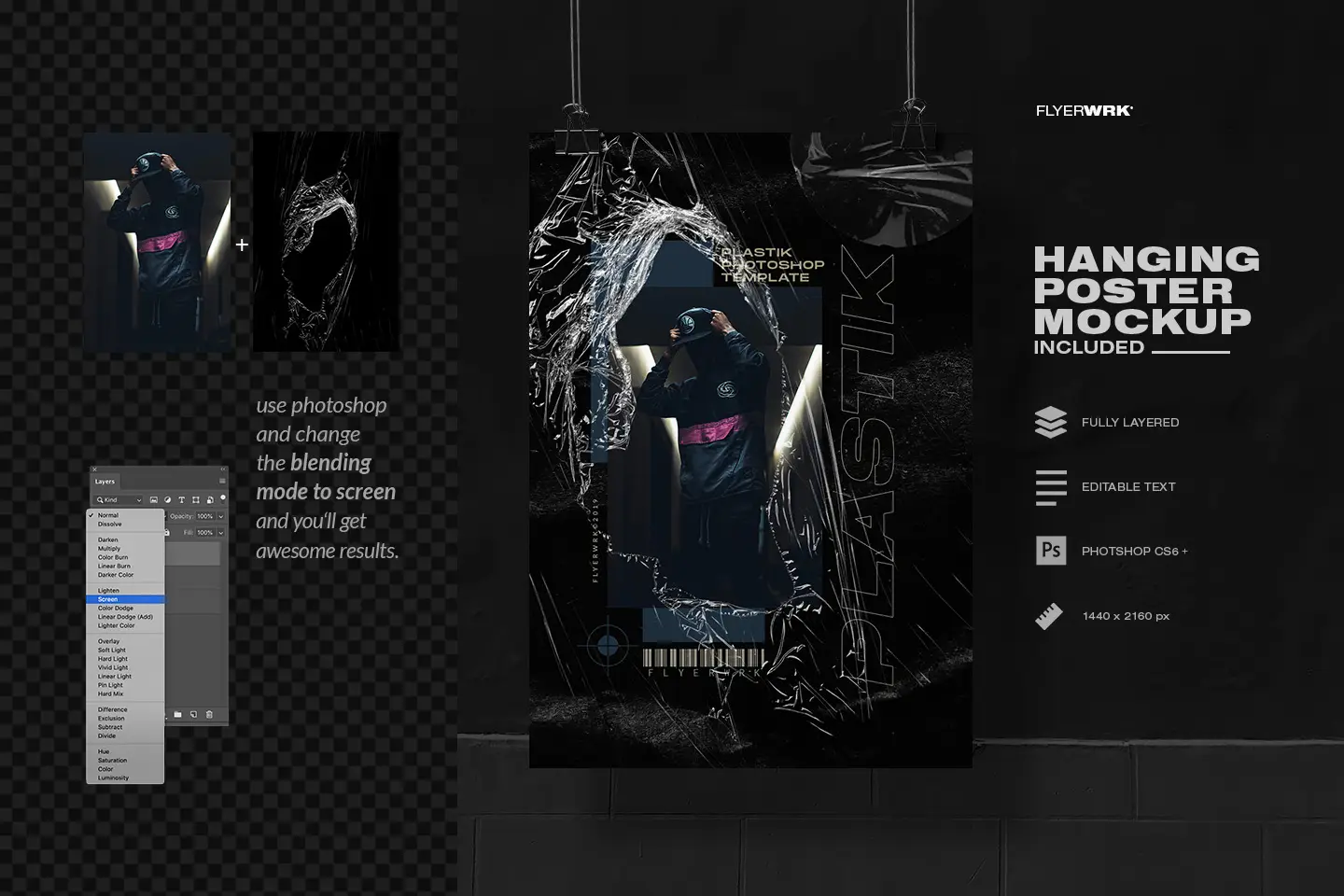 Plastic wrap textures featuring a hanging poster mockup with realistic wrinkled film overlays and screen blending