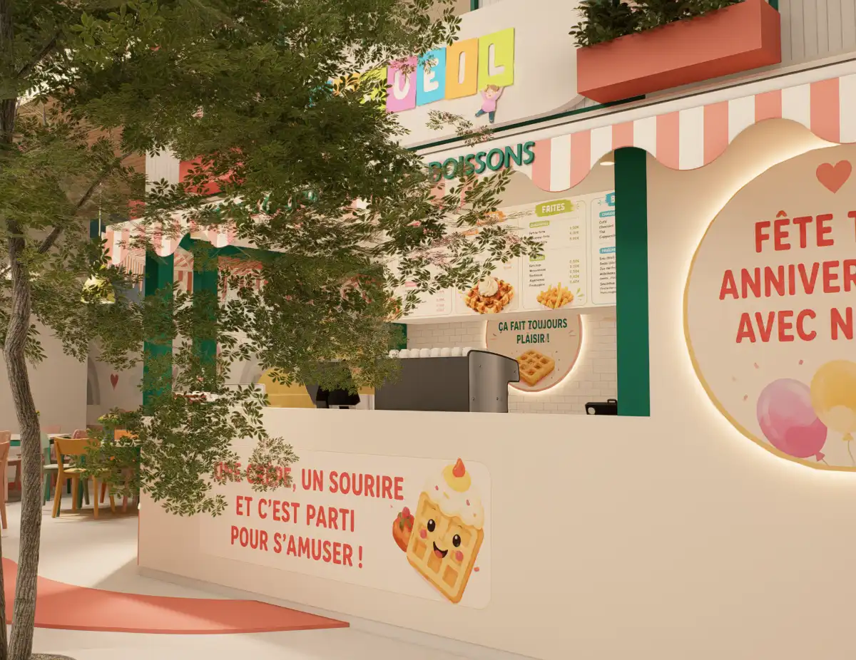 Rendu 3D de l'entrée du parc Kids Médoc, espace ludique pour enfants