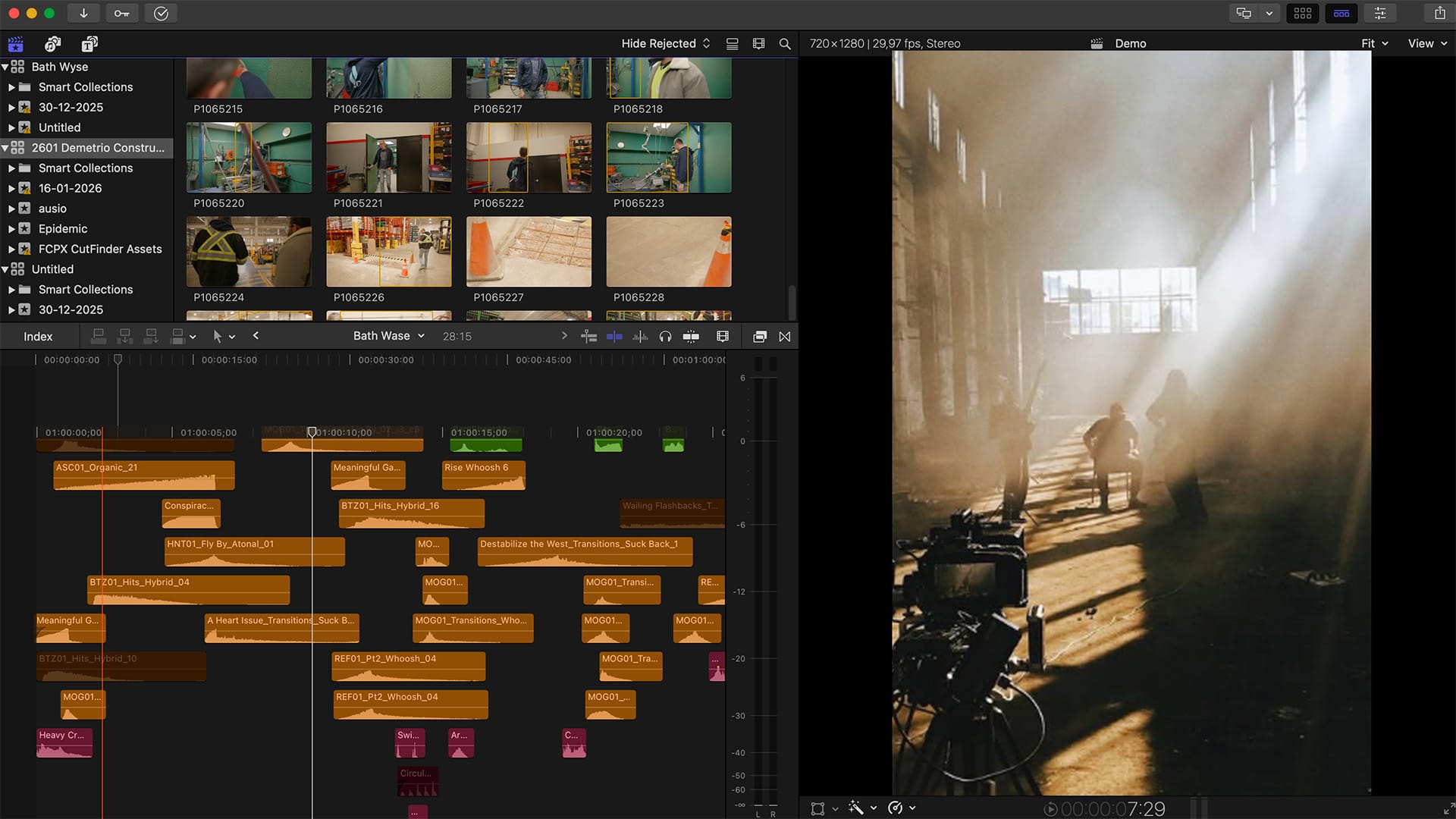 The image displays a detailed Final Cut Pro X interface with a timeline of video clips on the left and a preview window showing a sunlit indoor scene on the right, highlighting vertical video editing.