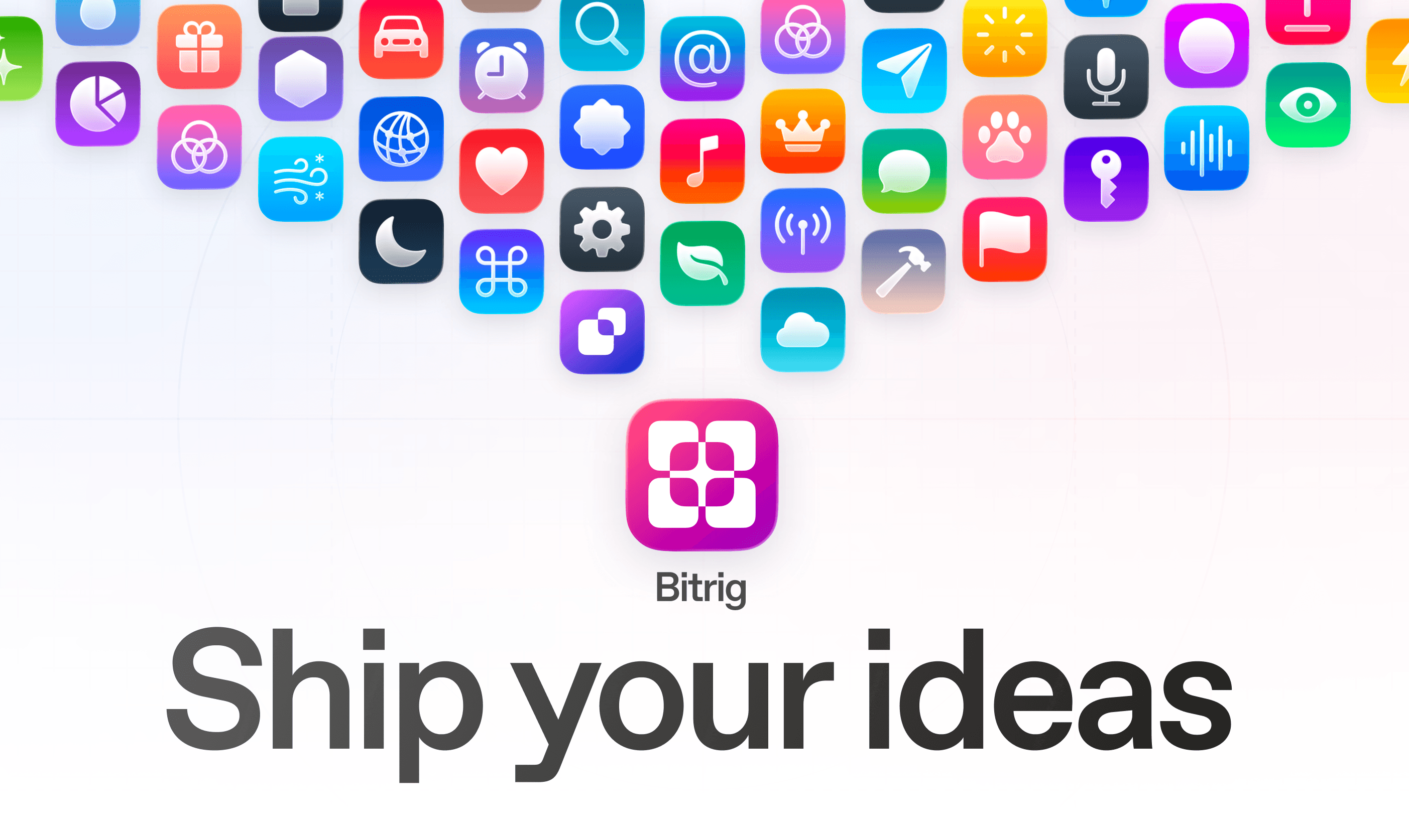 Bitrig logo with a lot of app icons encouraging you to ship your ideas.