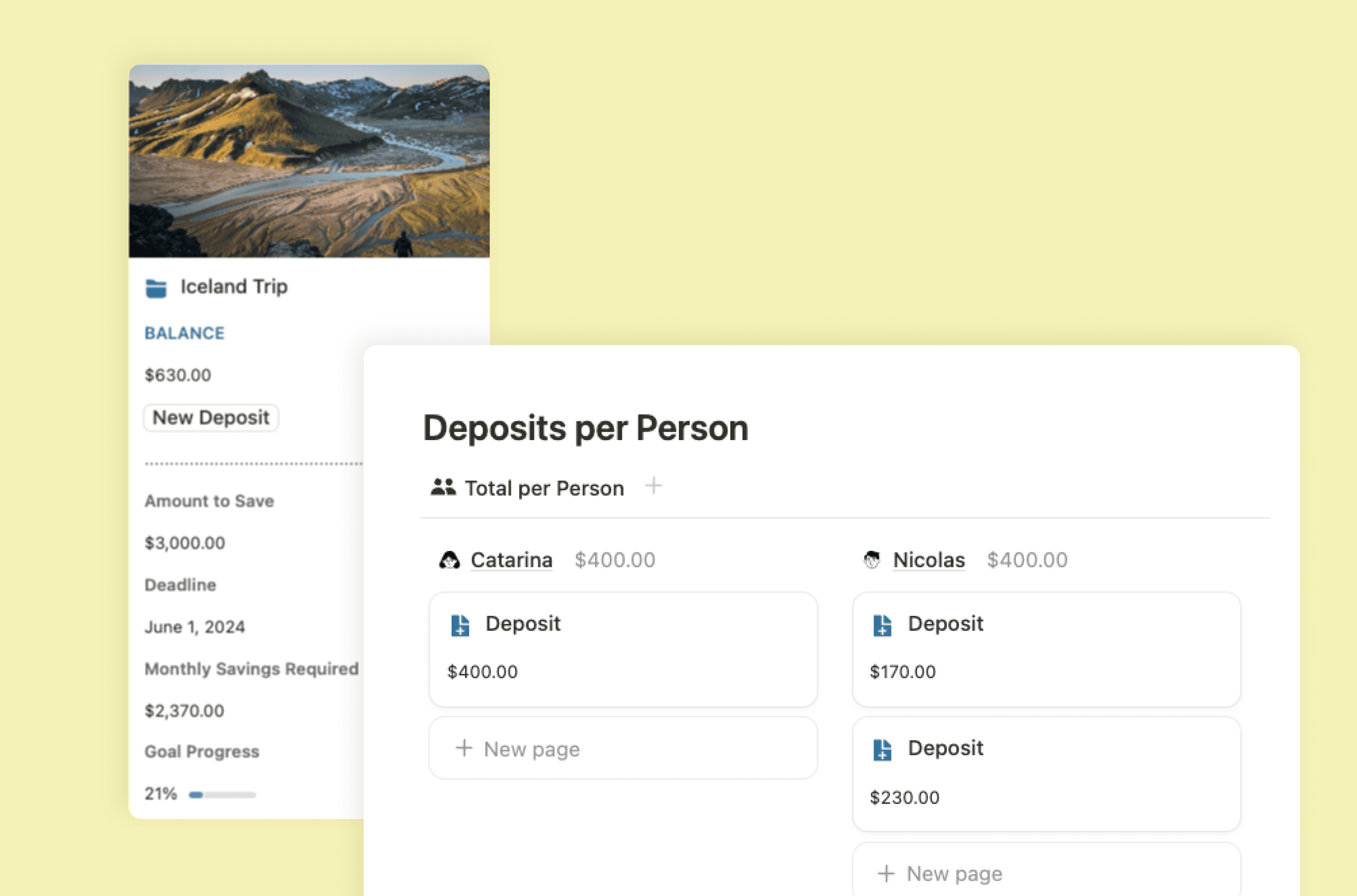 Notion interface showing a shared savings tracker for an Iceland trip with balance, goal progress, and individual deposits by two users