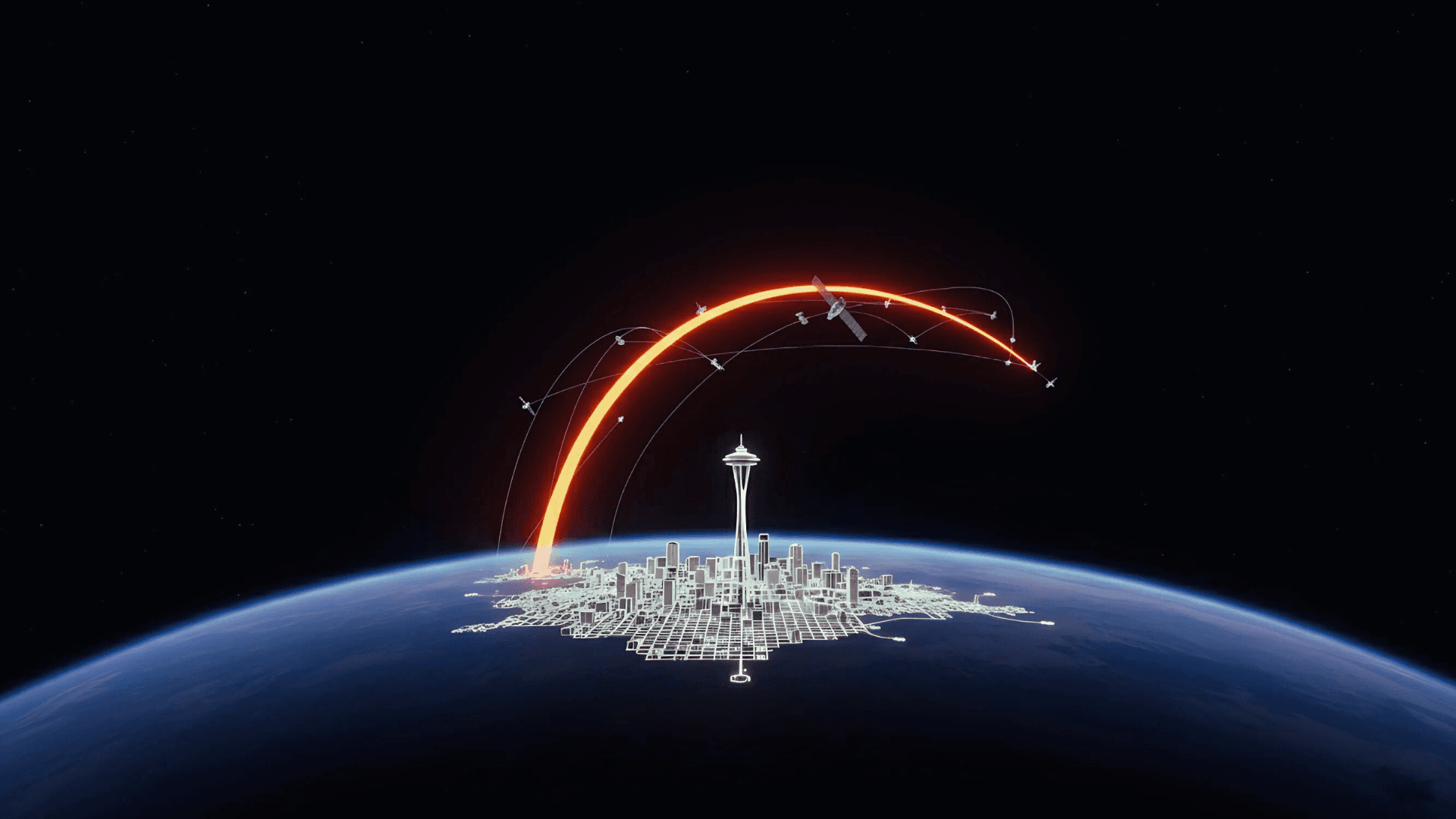 Abstract image showing the Volant Orange line arcing high above earth directly above seattle