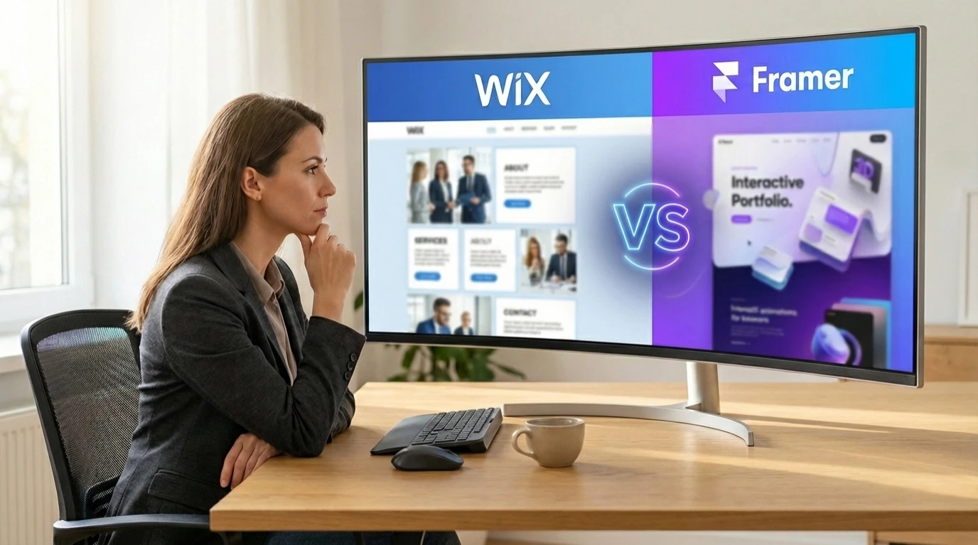 Illustration of popular website builders: Wix vs. Framer