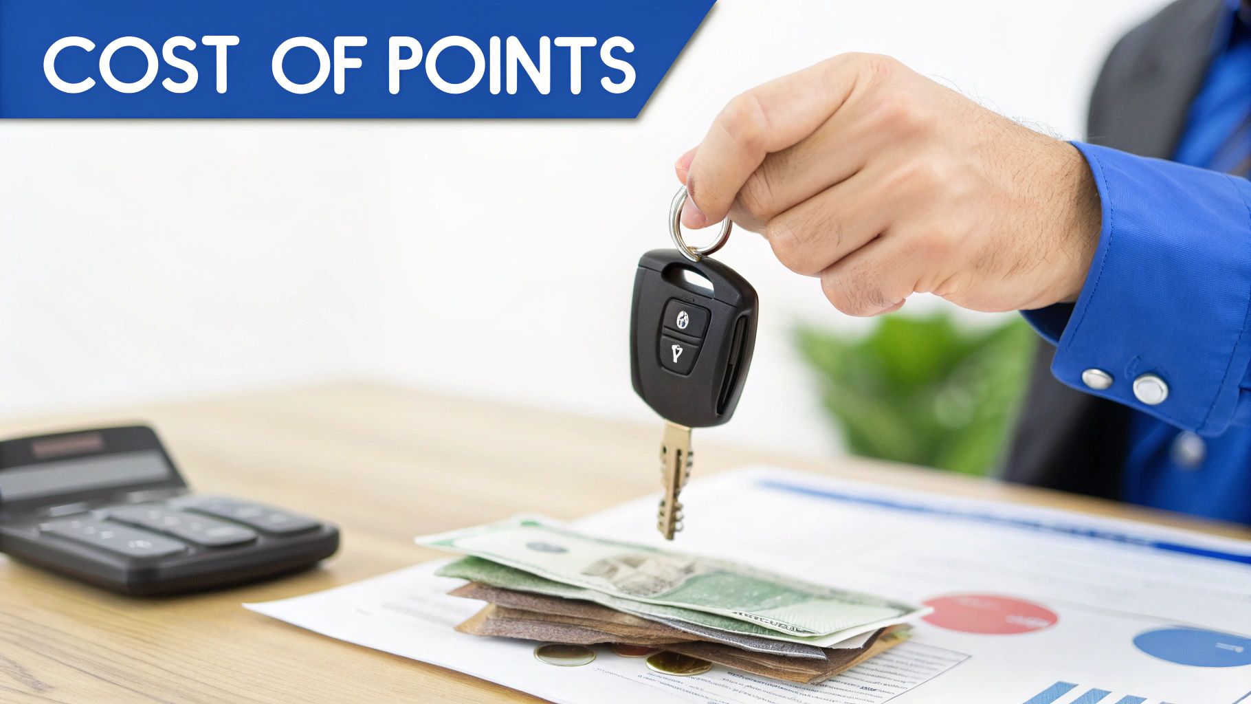 A hand holds car keys over money and documents, illustrating the cost of points for a traffic ticket.