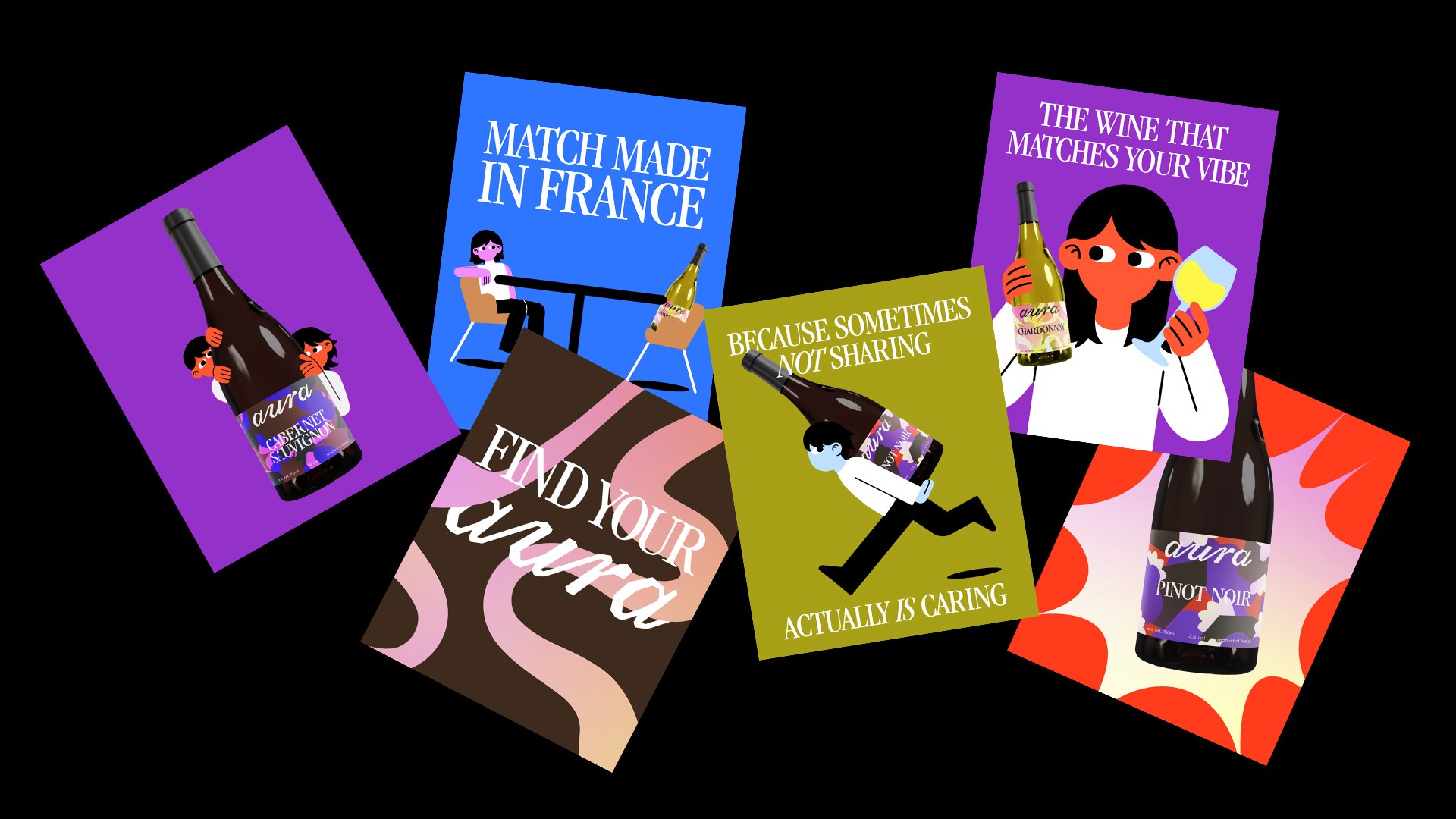 on a black background, several colorful graphic designed posters