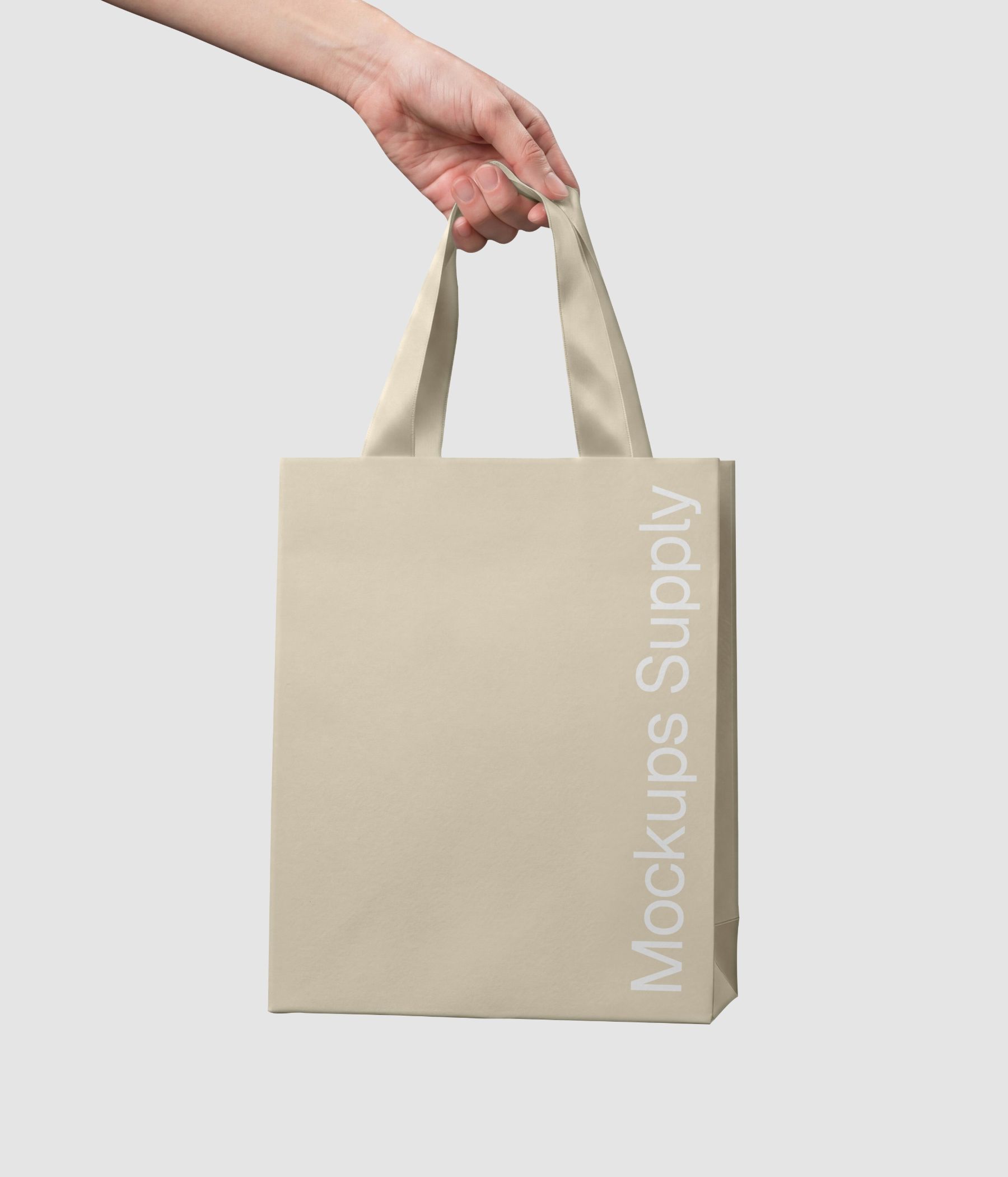 Close up of a hand holding paper boutique bag mockup featuring a ribbon handle