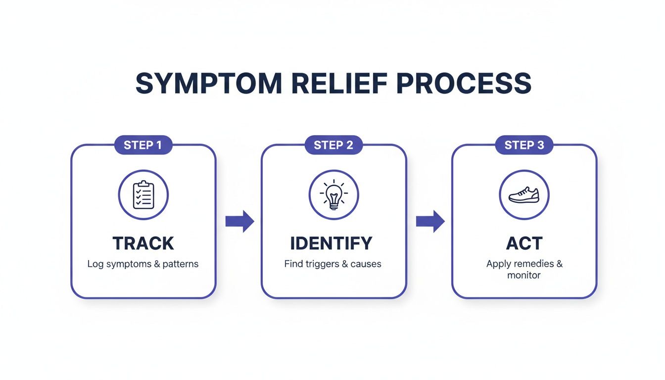 A three-step symptom relief process: Track symptoms, Identify triggers, and Act with remedies.