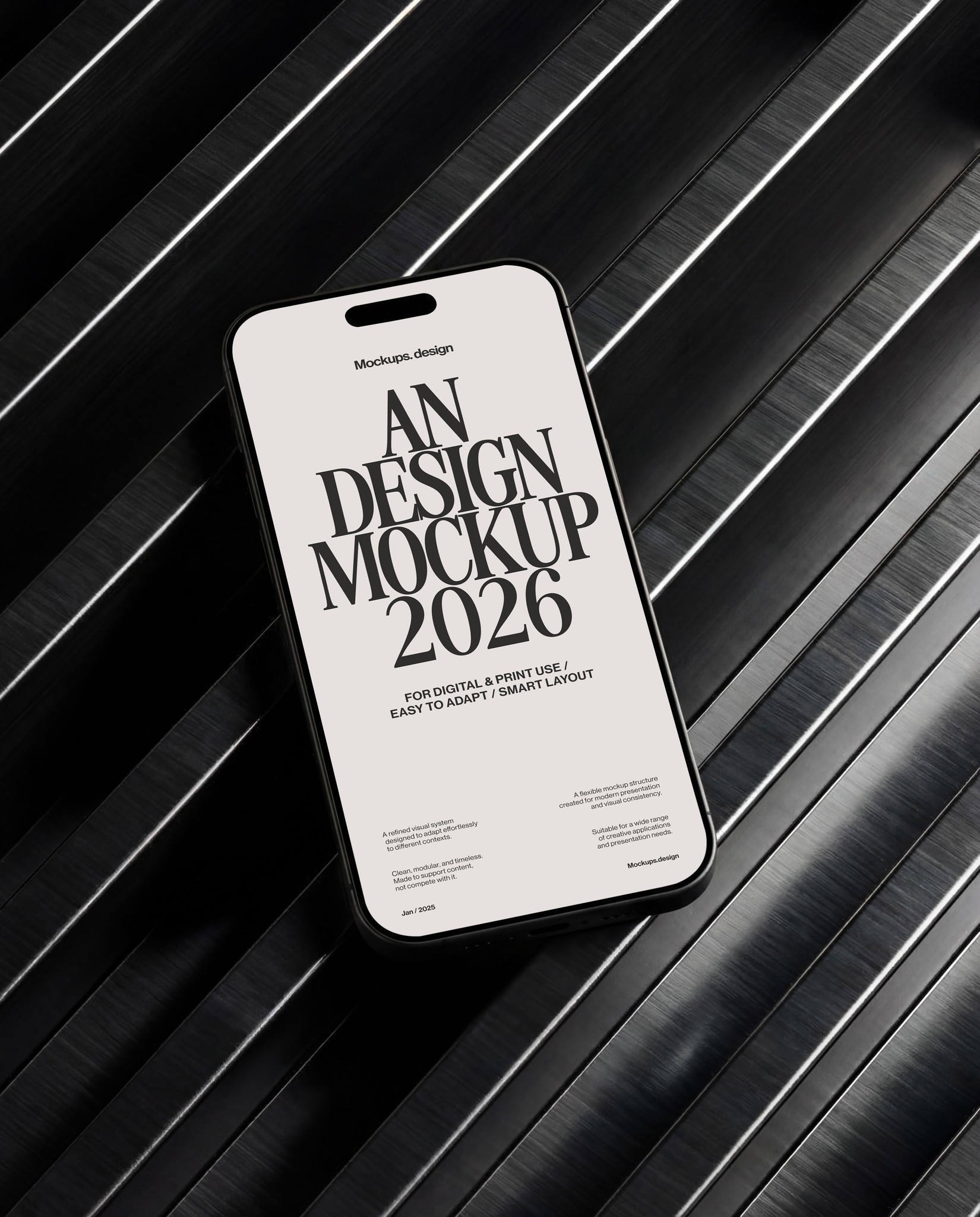 iPhone 16 mockup in sleek black, dark premium setup