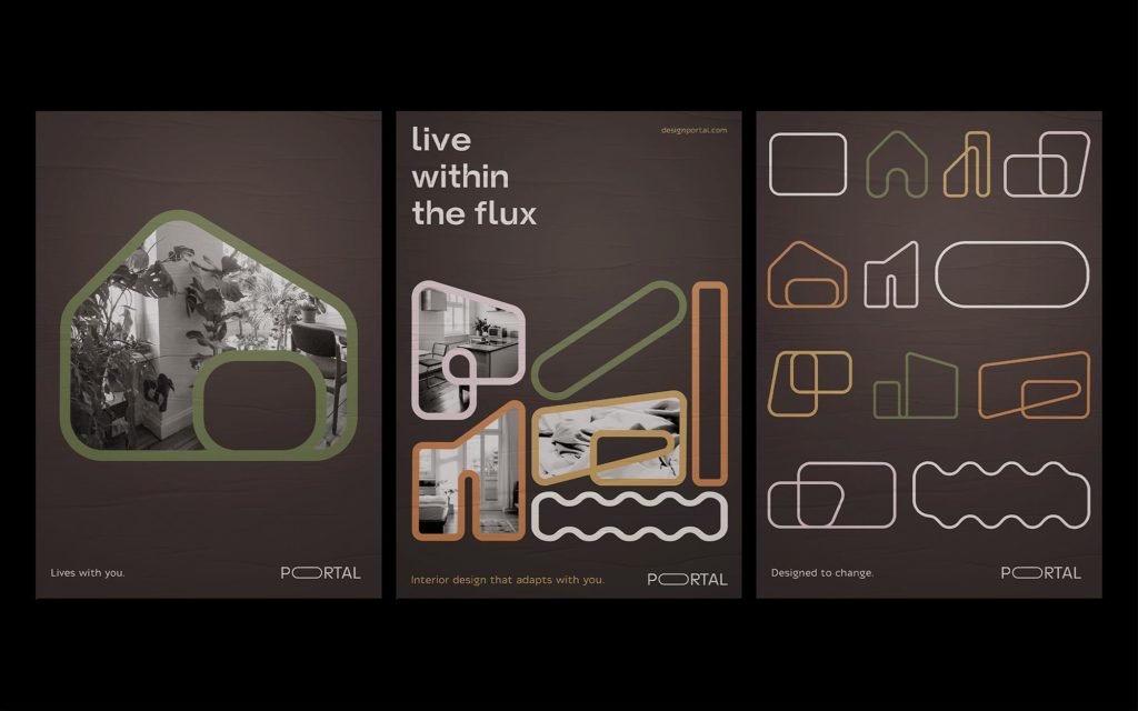 three black posters with color shapes and photography