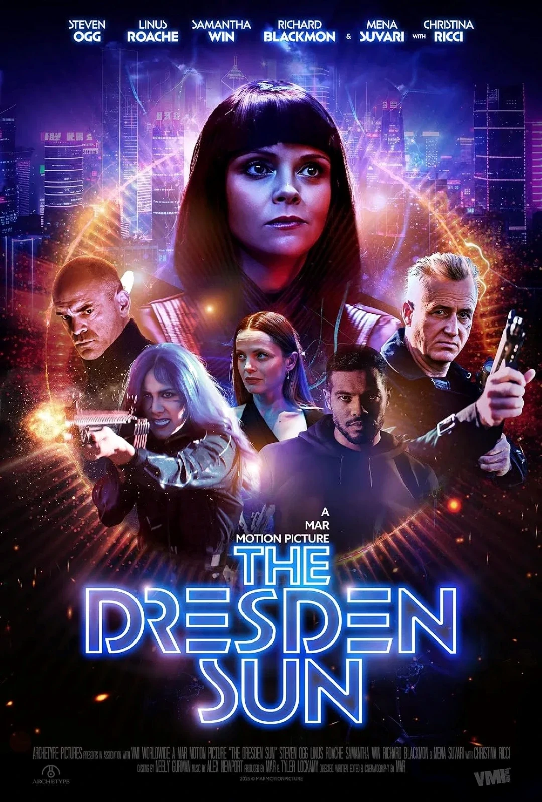 The movie poster for "The Dresden Sun" features a futuristic cityscape with prominent neon lights and a group of individuals in intense poses, set against a backdrop of a high-tech urban environment, emphasizing themes of action and suspense.