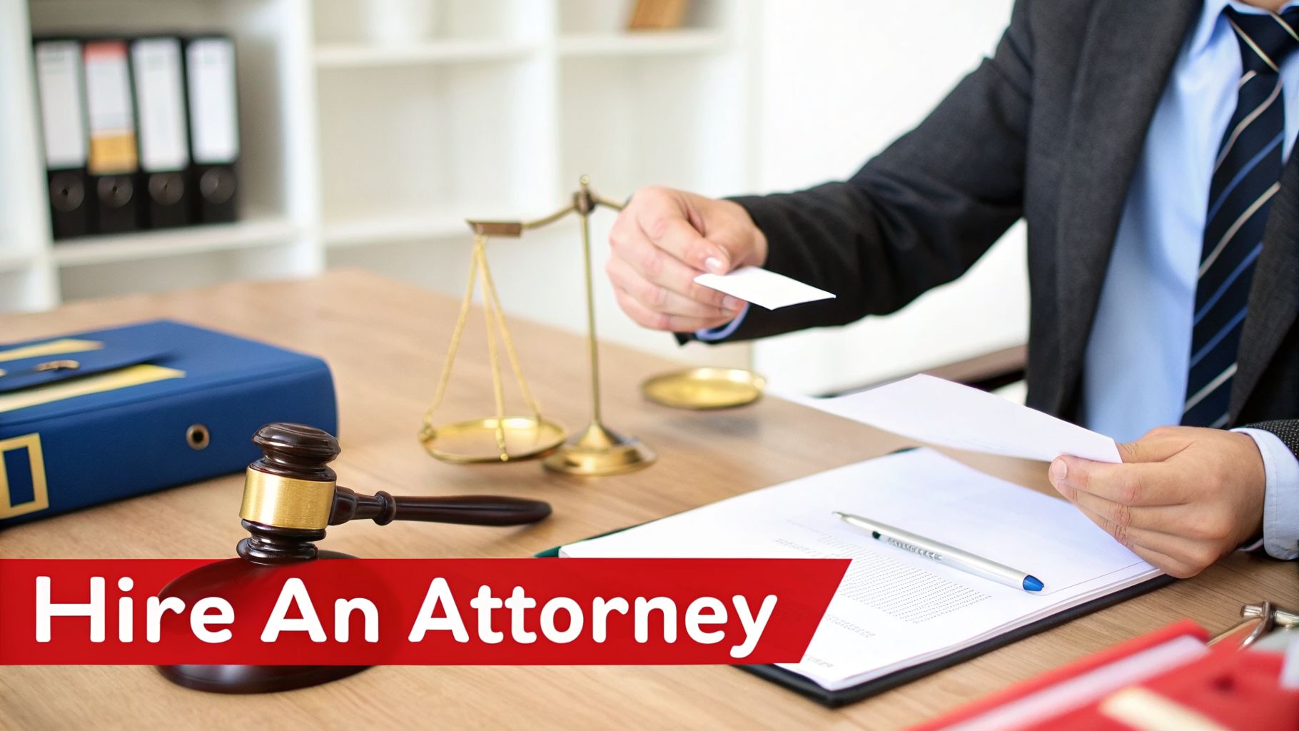 Lawyer's desk with gavel, scales of justice, and a person handing a business card, plus 'Hire An Attorney' banner.