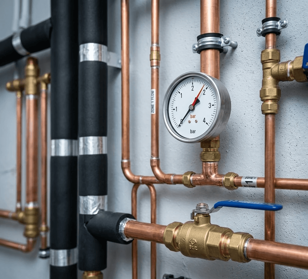 Dettaglio installazione impianto di riscaldamento con manometri e valvole
