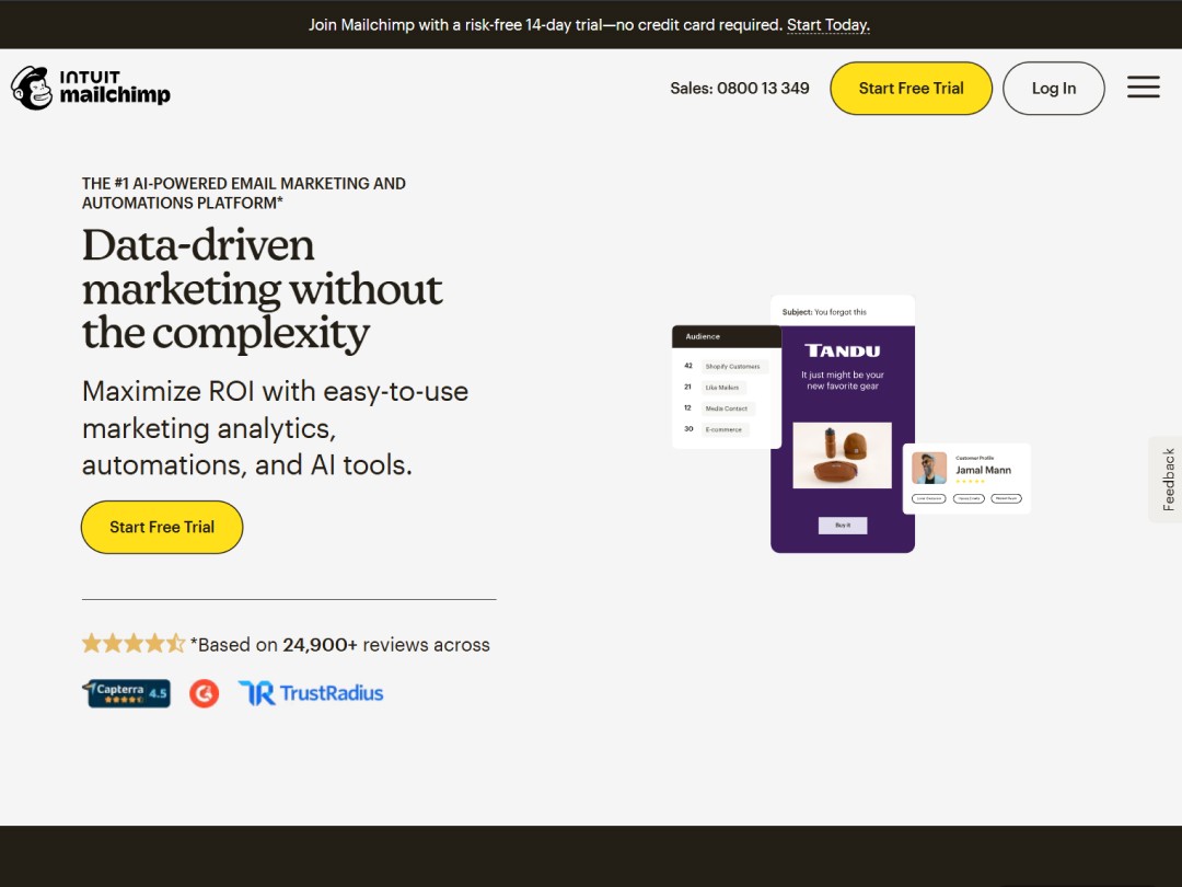 Screenshot of the Mailchimp website (hero section)