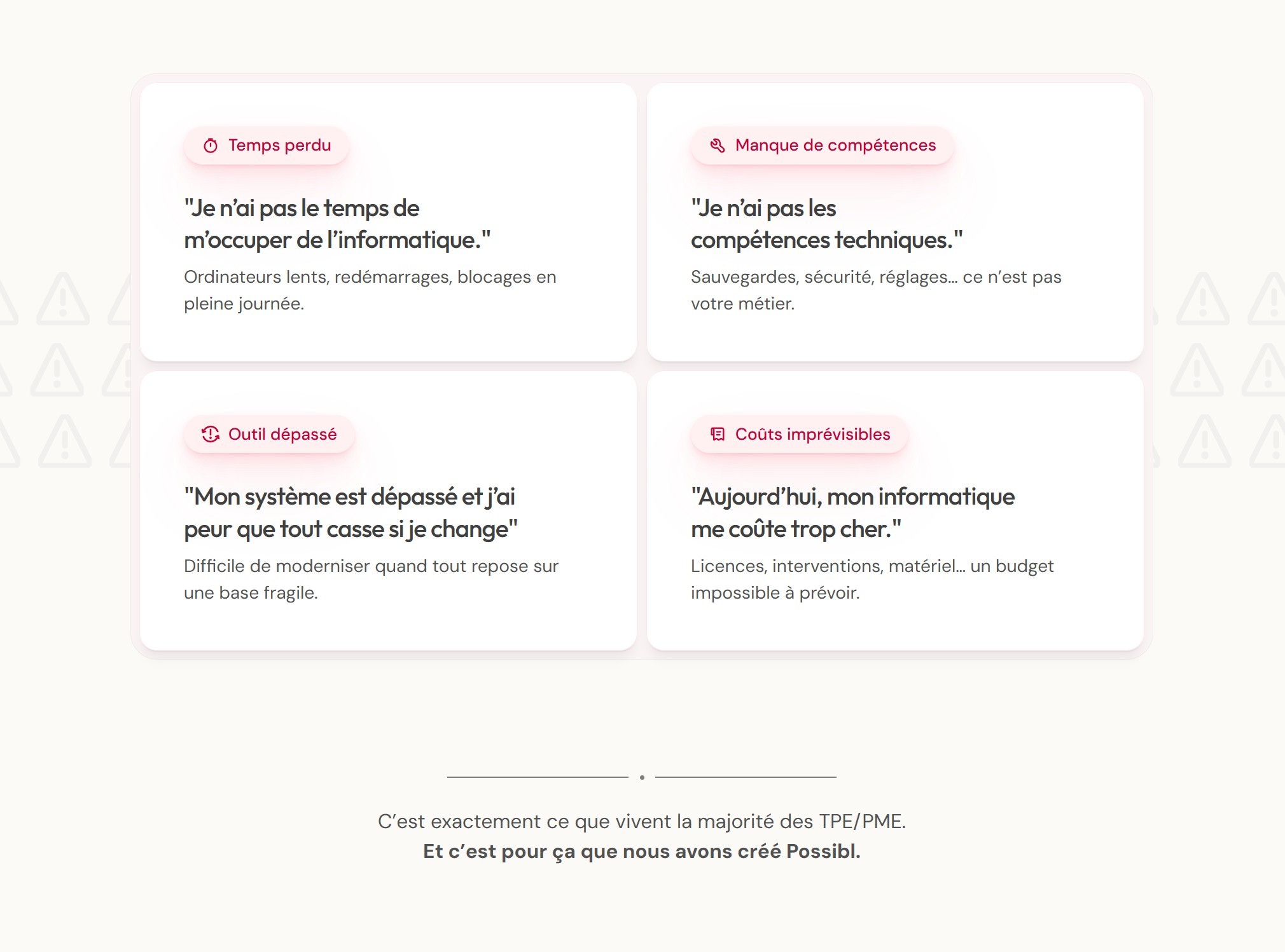 section problème landing page possibl