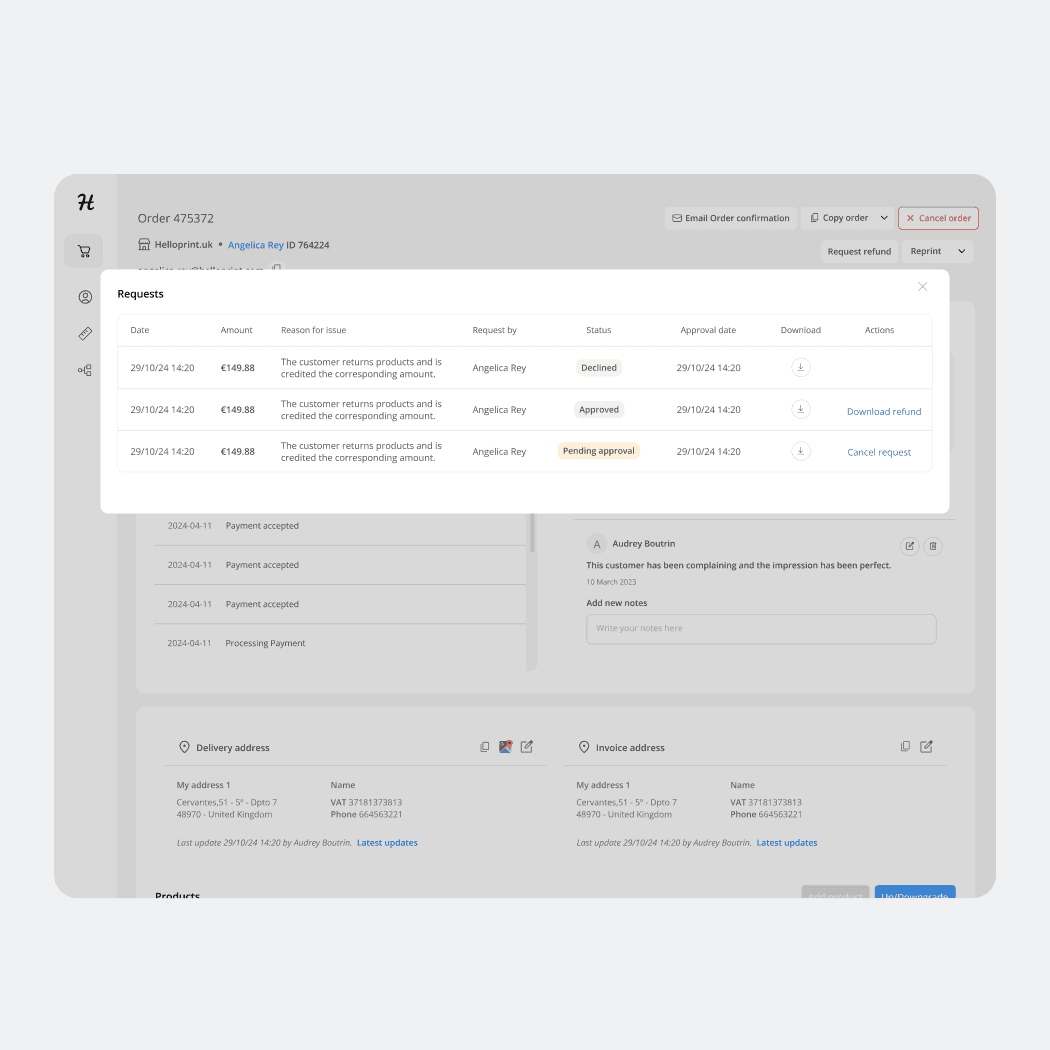 Refund overview with status and key information